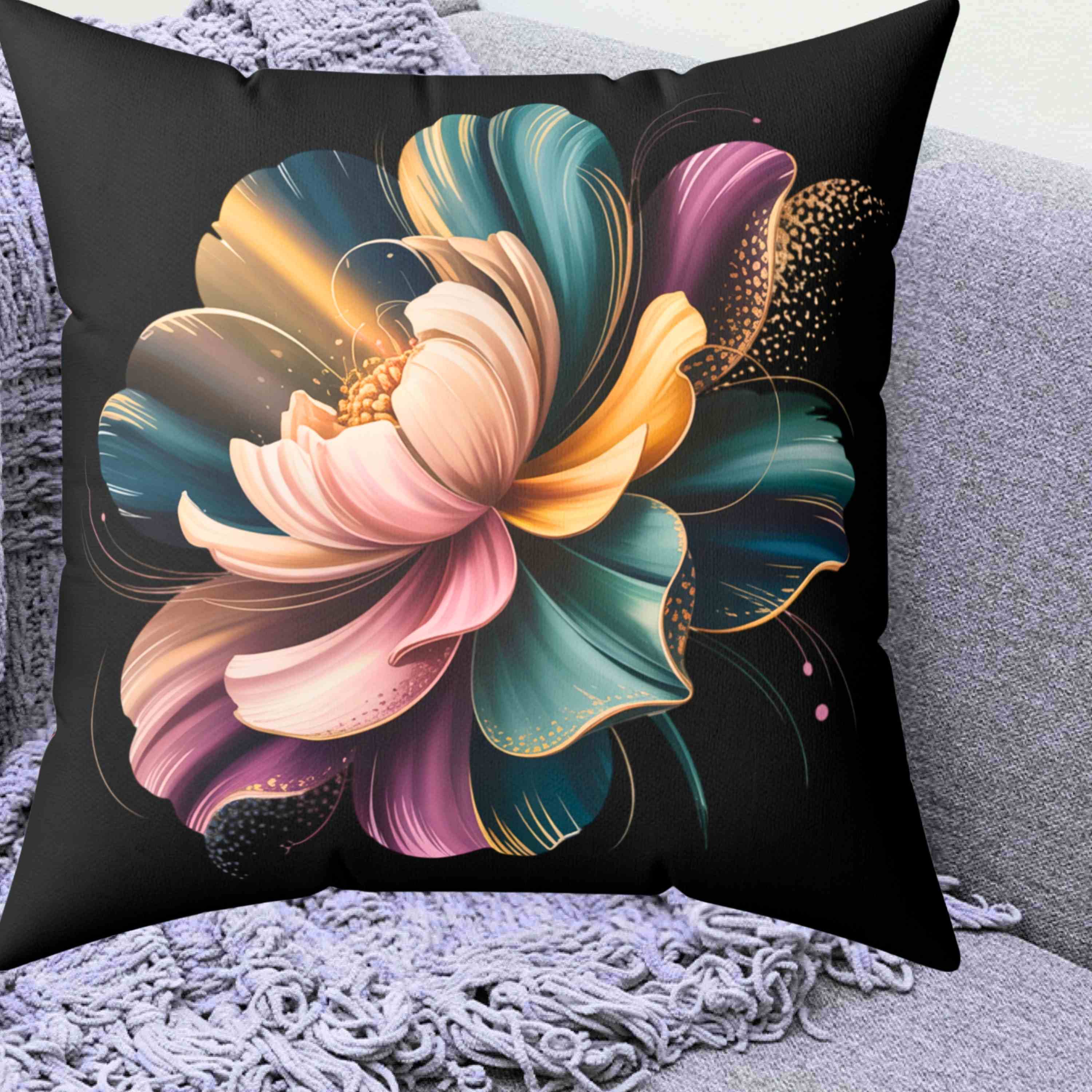 Artistic Floral Pillow – Purple, Green &amp; Gold Bloom on Deep Black Canvas, Modern Home Decor, Gift for Her, Cozy Living Room Accent, Flower Pattern Cushion product thumbnail image