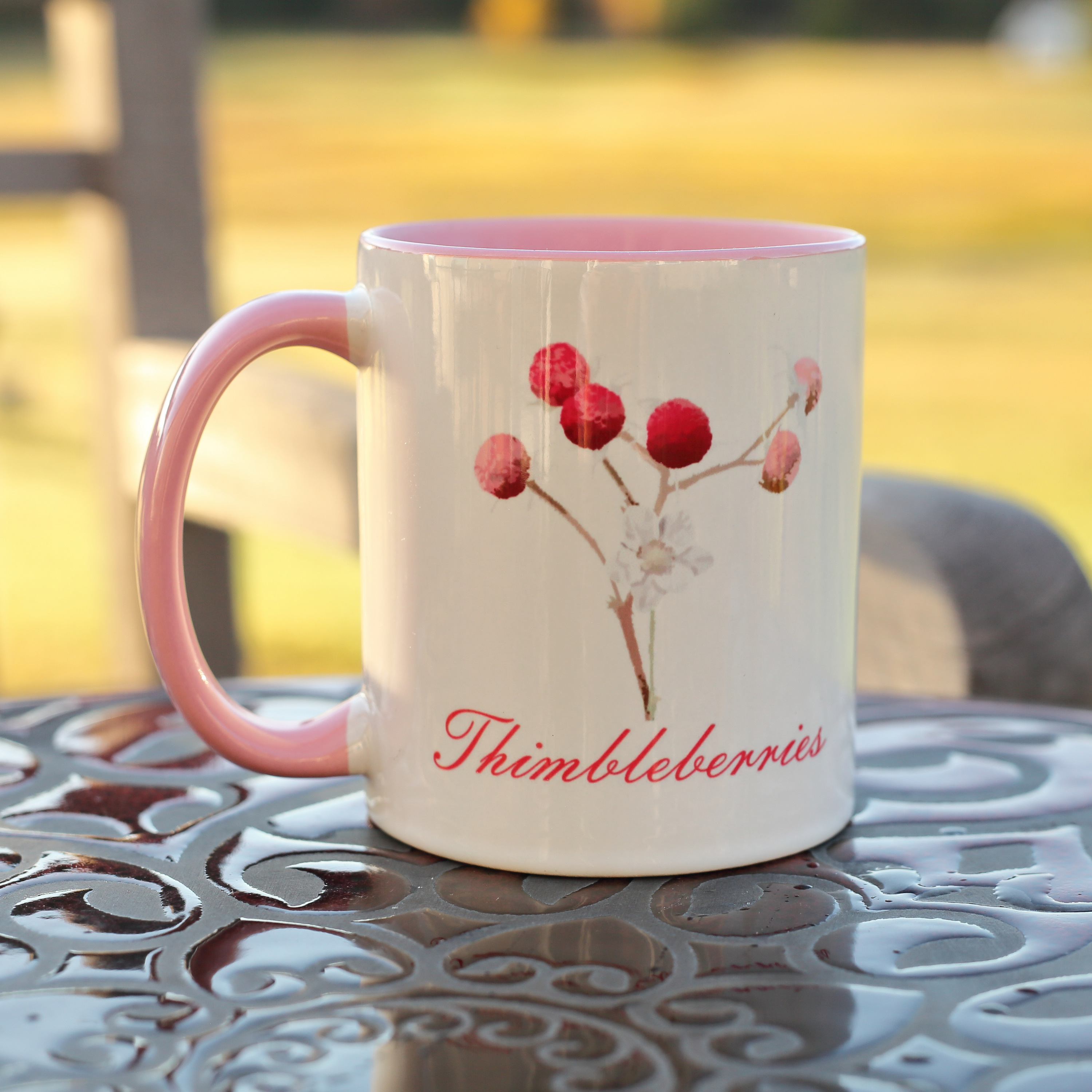 Thimbleberries and Flower Mug | Pink Handle and Interior | 11oz or 15oz