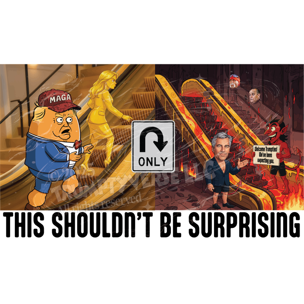 Escalator to Hell: 'This Shouldn't Be Surprising' - Trumpty Themed Rocks Glass Set product thumbnail image Escalator to Hell: 'This Shouldn't Be Surprising' - Trumpty Themed Rocks Glass Set product thumbnail image