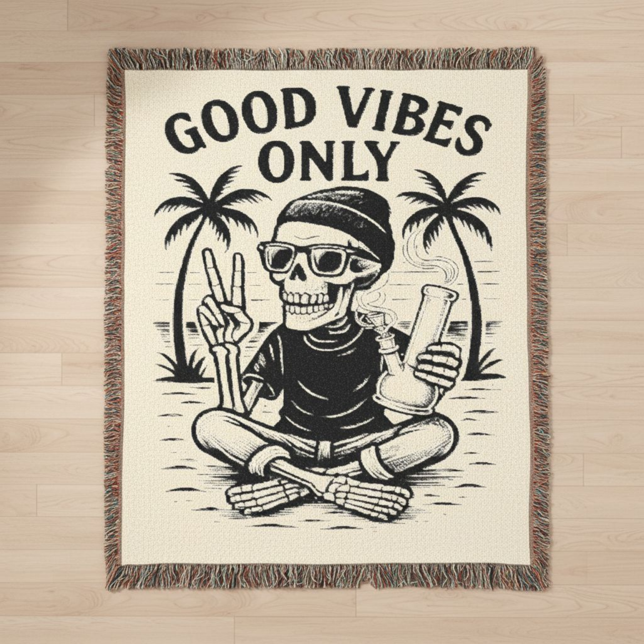 Good Vibes Only blanket, stoner decor, skeleton bong blanket, hippie throw, Halloween gift, festival vibes, cozy goth home product thumbnail image Good Vibes Only blanket, stoner decor, skeleton bong blanket, hippie throw, Halloween gift, festival vibes, cozy goth home product thumbnail image