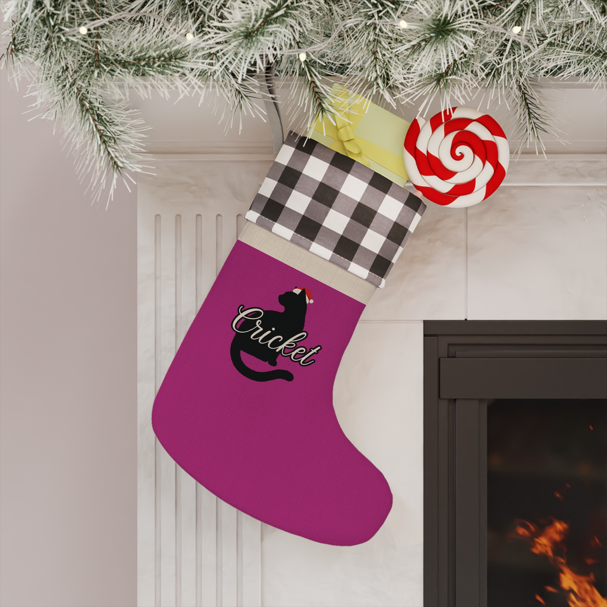 Personalized Cat Christmas Stocking — Personalized Cat Silhouette with Santa Hat | Custom Pet Name &amp; Text product thumbnail image
