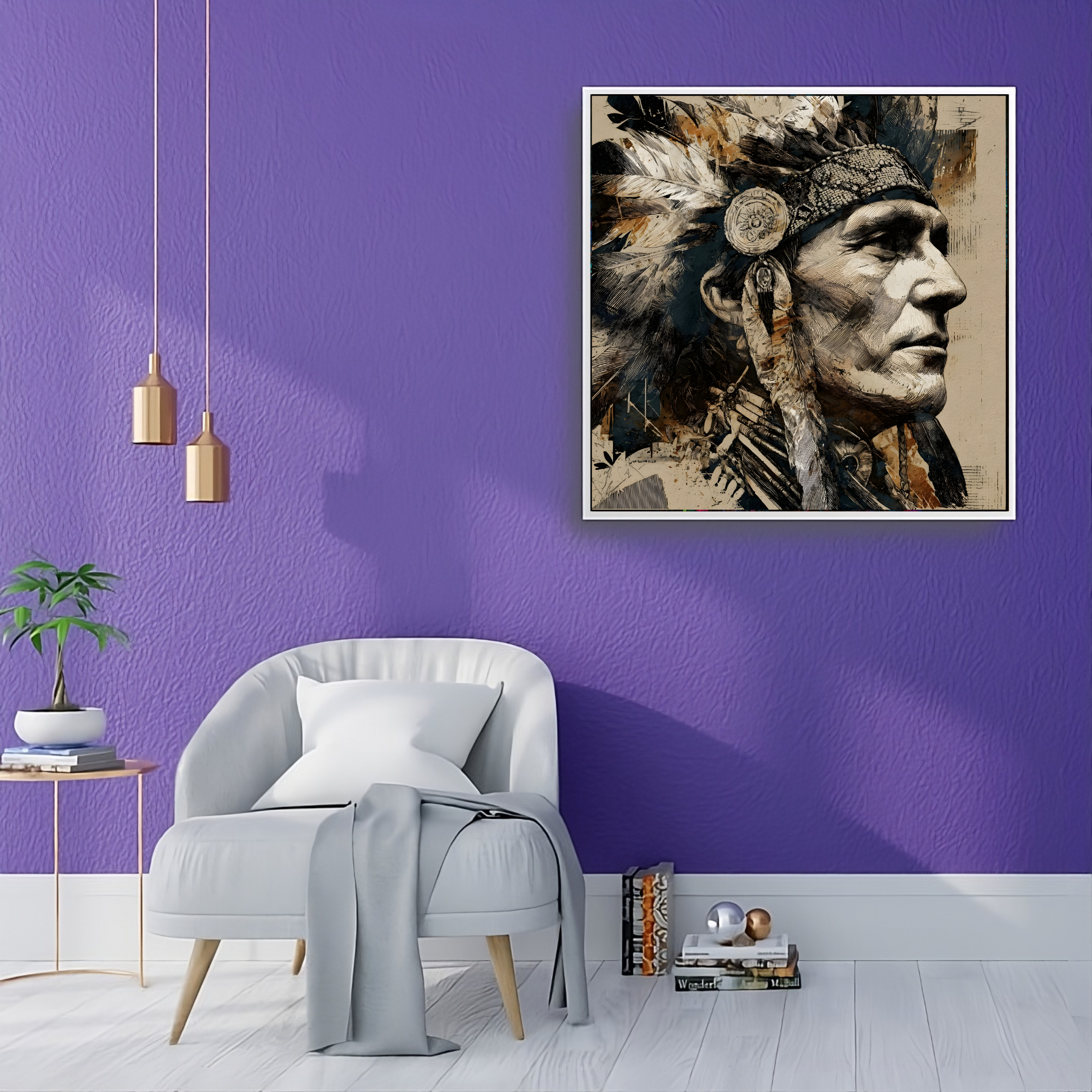 Artistic Silk Poster - Colorful Native American Chief Portrait Vintage Engraving Artwork Print for Home &amp; Outdoor Decor product thumbnail image