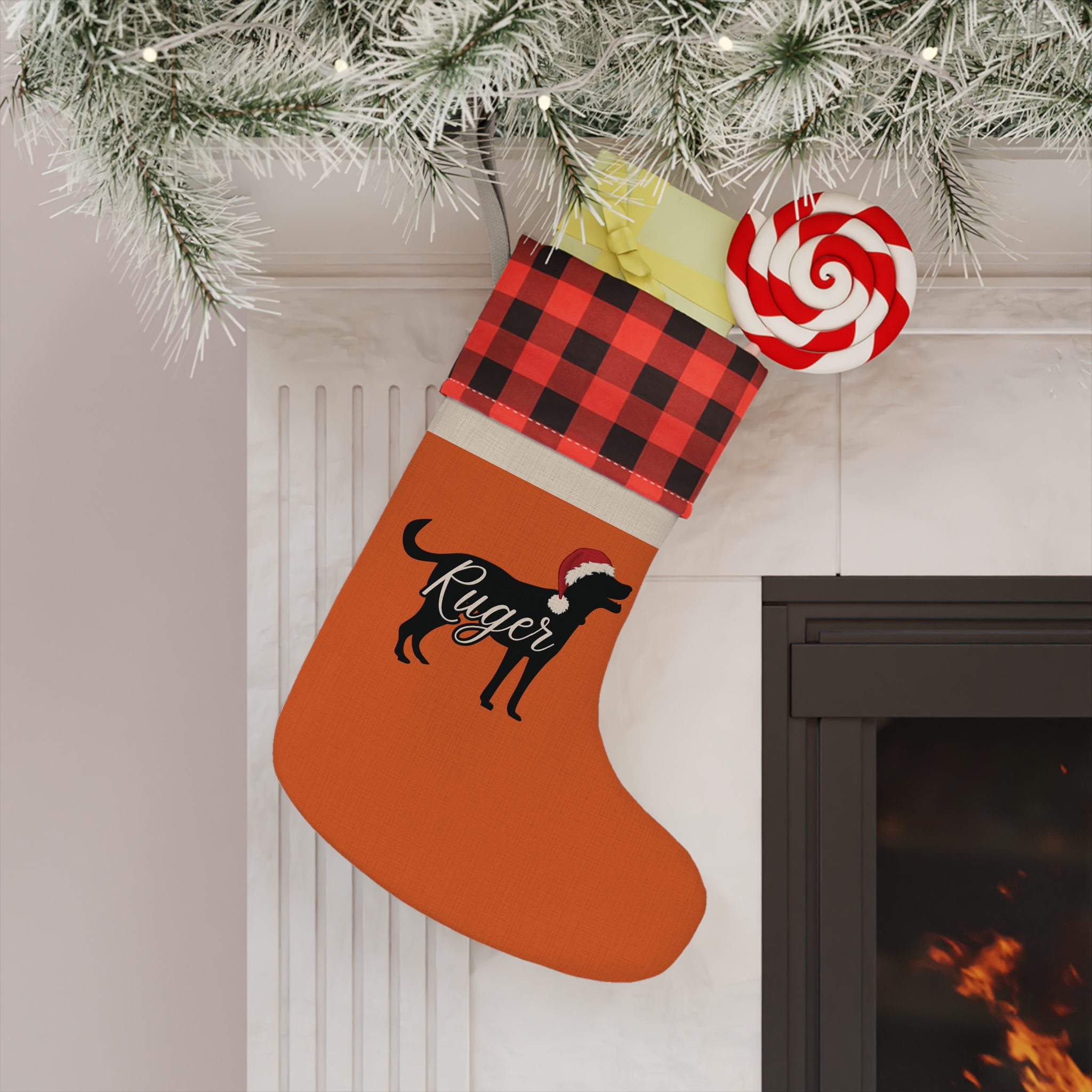 Custom Dog Breed Christmas Stocking- Dog Silhouette with Santa Hat | Pet Name &amp; Optional Text product thumbnail image
