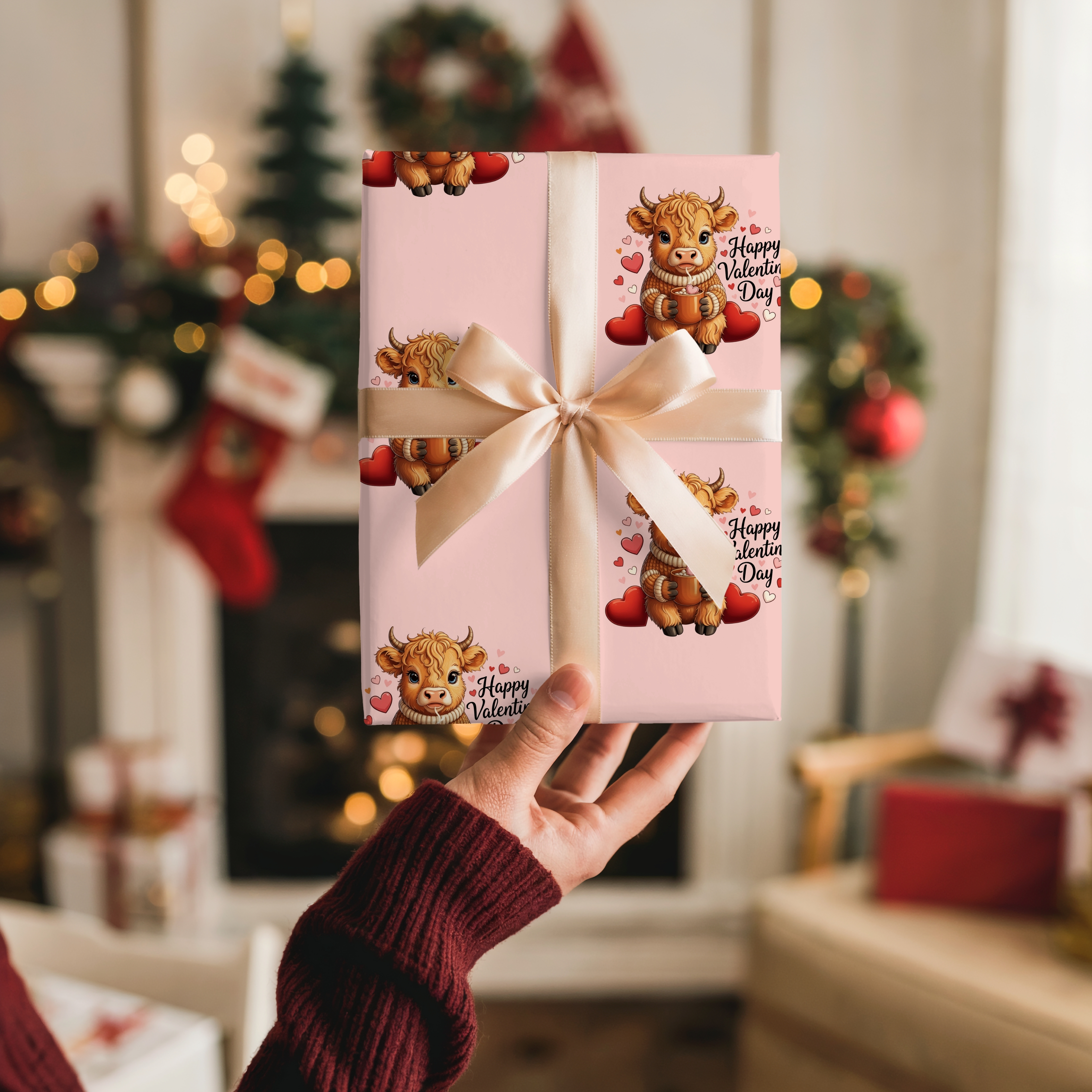 Highland Cow Valentines Wrapping Paper Cute Animal Valentine's Wrapping Paper for Gift Giving product thumbnail image Highland Cow Valentines Wrapping Paper Cute Animal Valentine's Wrapping Paper for Gift Giving product thumbnail image