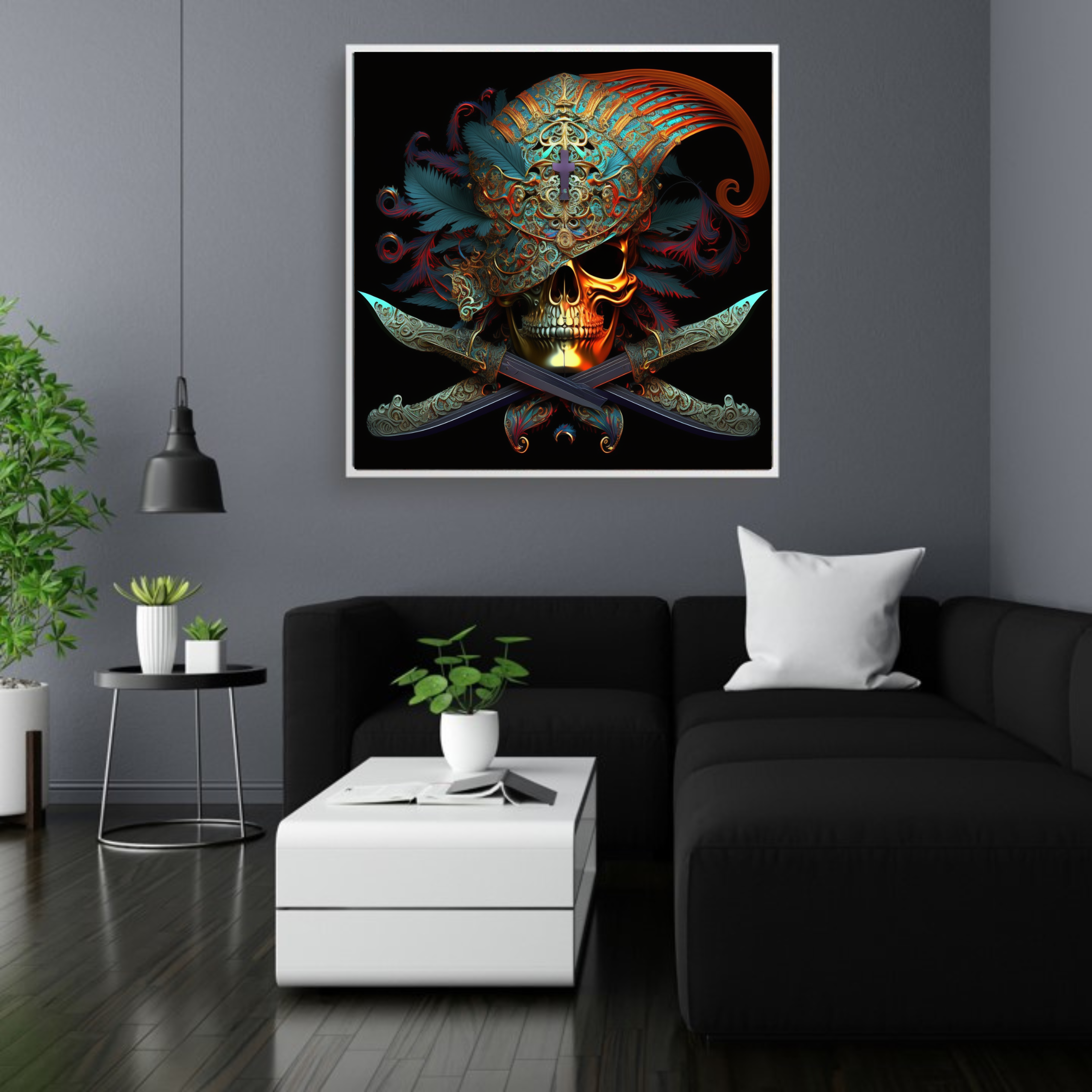 Artistic Silk Poster - Colorful Pirate Skull with Sabres Square Artwork Print for Home & Outdoor Decor Artistic Silk Poster - Colorful Pirate Skull with Sabres Square Artwork Print for Home & Outdoor Decor