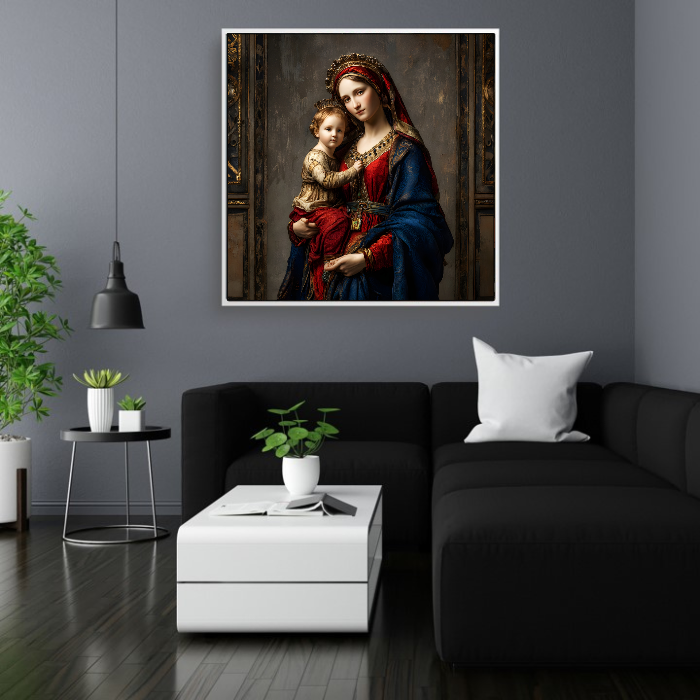 Artistic Silk Poster - Colorful Madonna and Child Renaissance Queen Square Artwork Print for Home &amp; Outdoor Decor