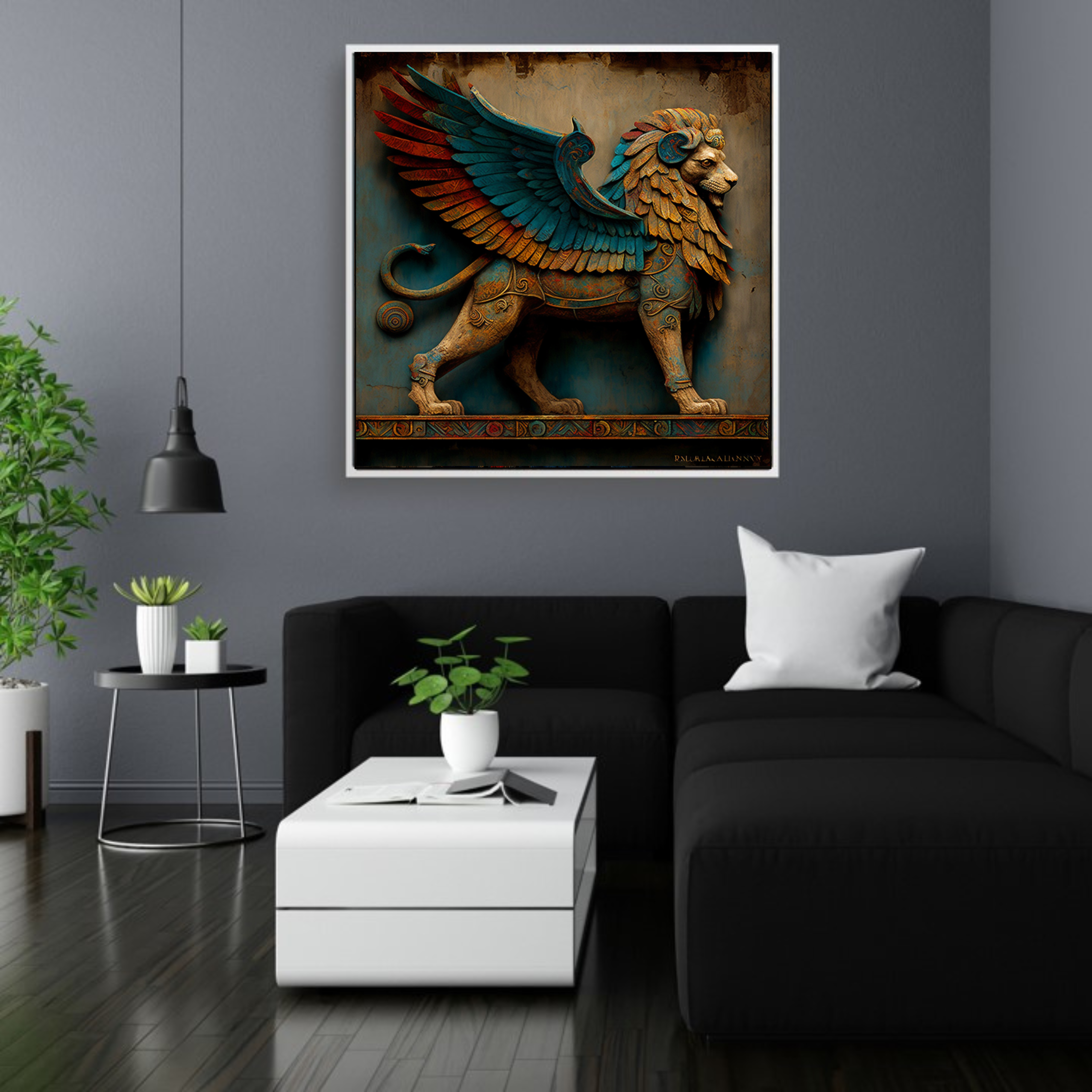 Artistic Silk Poster - Colorful Lamassu Persian Winged Lion Square Artwork Print for Home & Outdoor Decor Artistic Silk Poster - Colorful Lamassu Persian Winged Lion Square Artwork Print for Home & Outdoor Decor