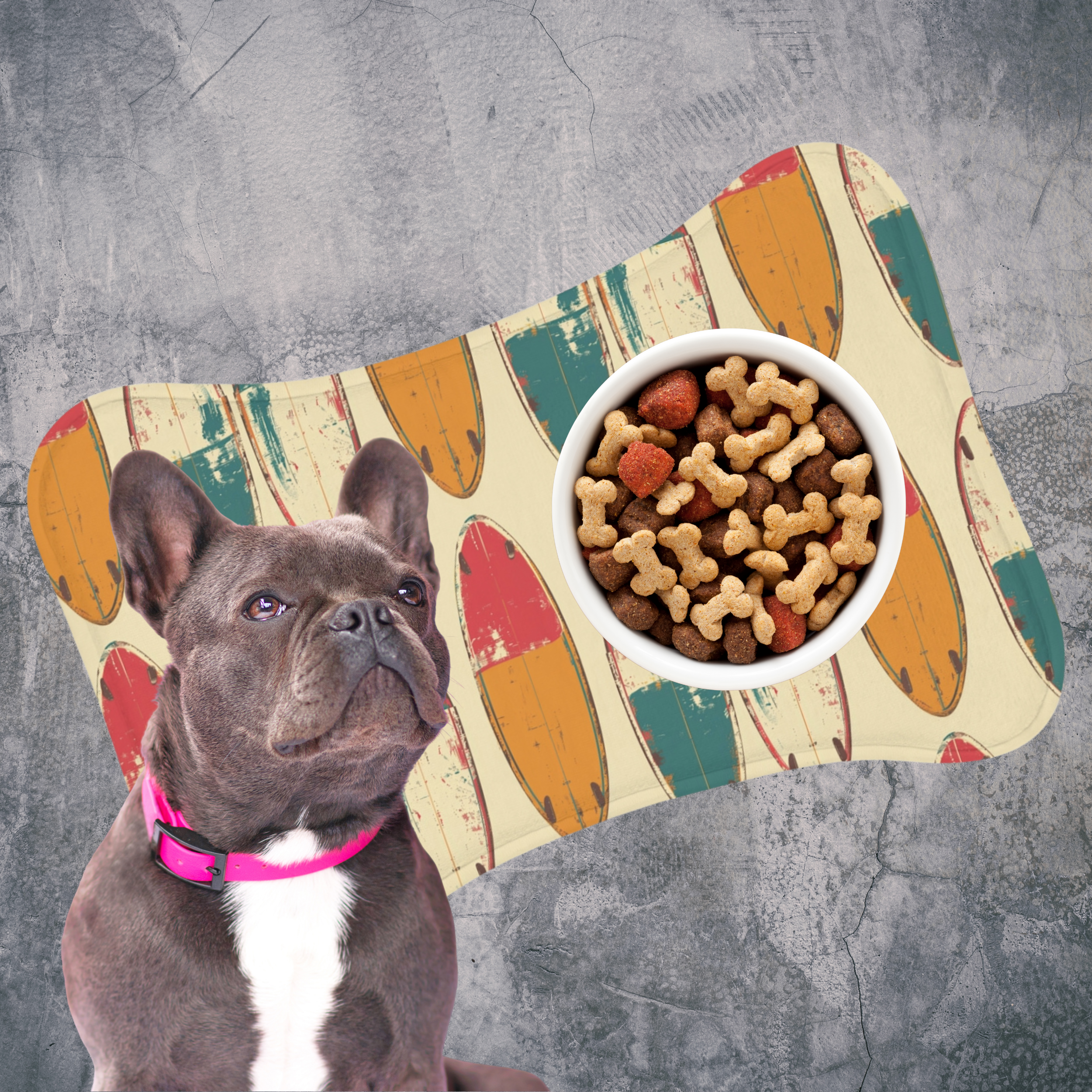 🌊 Vintage Vibe Surfboard Bone-Shaped Dog Feeding Mat – Retro Summer Design in 2 Sizes