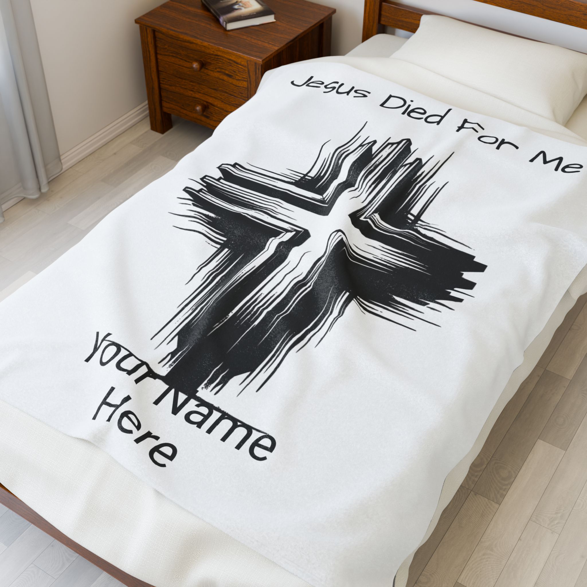 Personalized Velveteen Plush Blanket - Customizable "Jesus Died For Me" Design product thumbnail image Personalized Velveteen Plush Blanket - Customizable "Jesus Died For Me" Design product thumbnail image