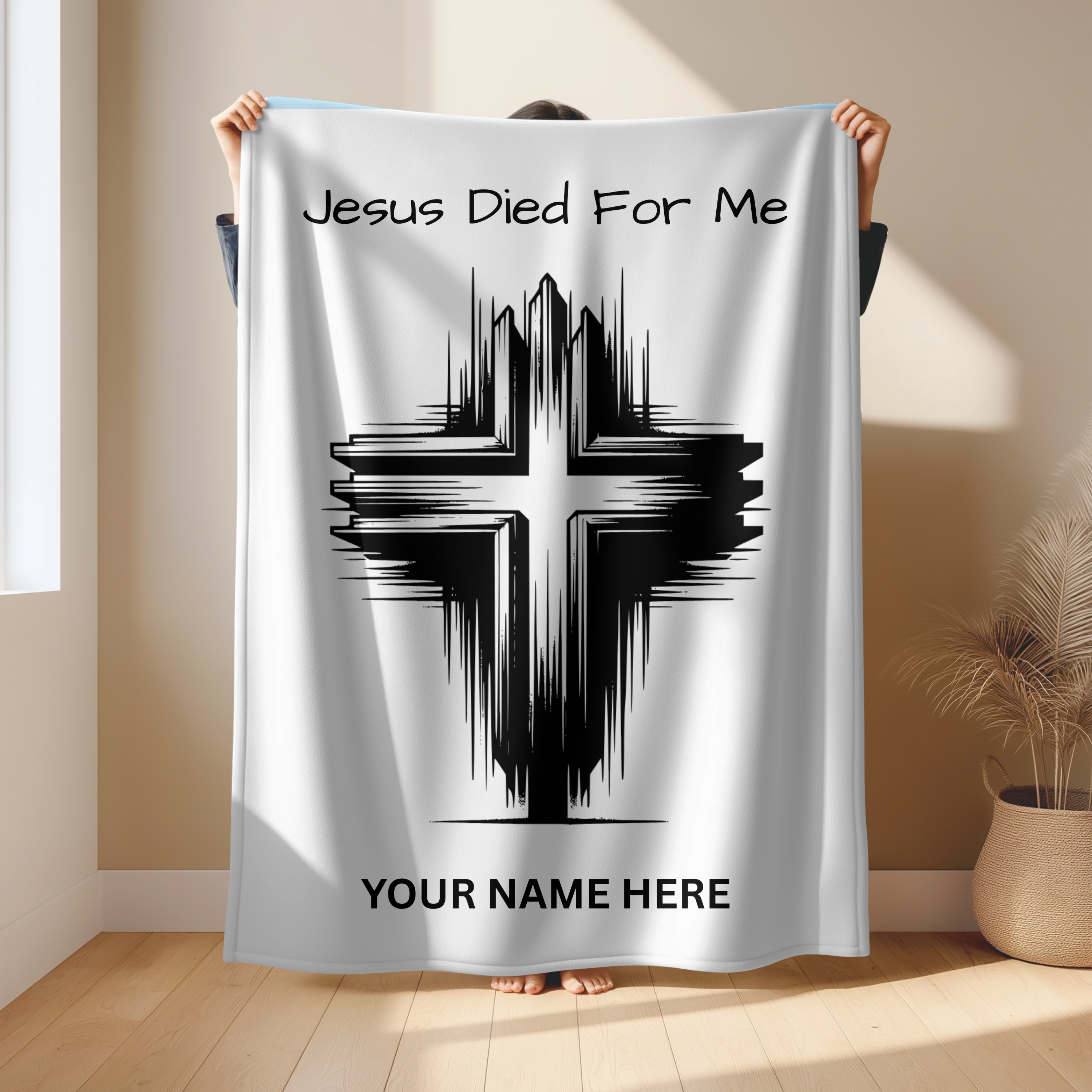 Personalized Velveteen Plush Blanket - Customizable "Jesus Died For Me" Design product thumbnail image Personalized Velveteen Plush Blanket - Customizable "Jesus Died For Me" Design product thumbnail image