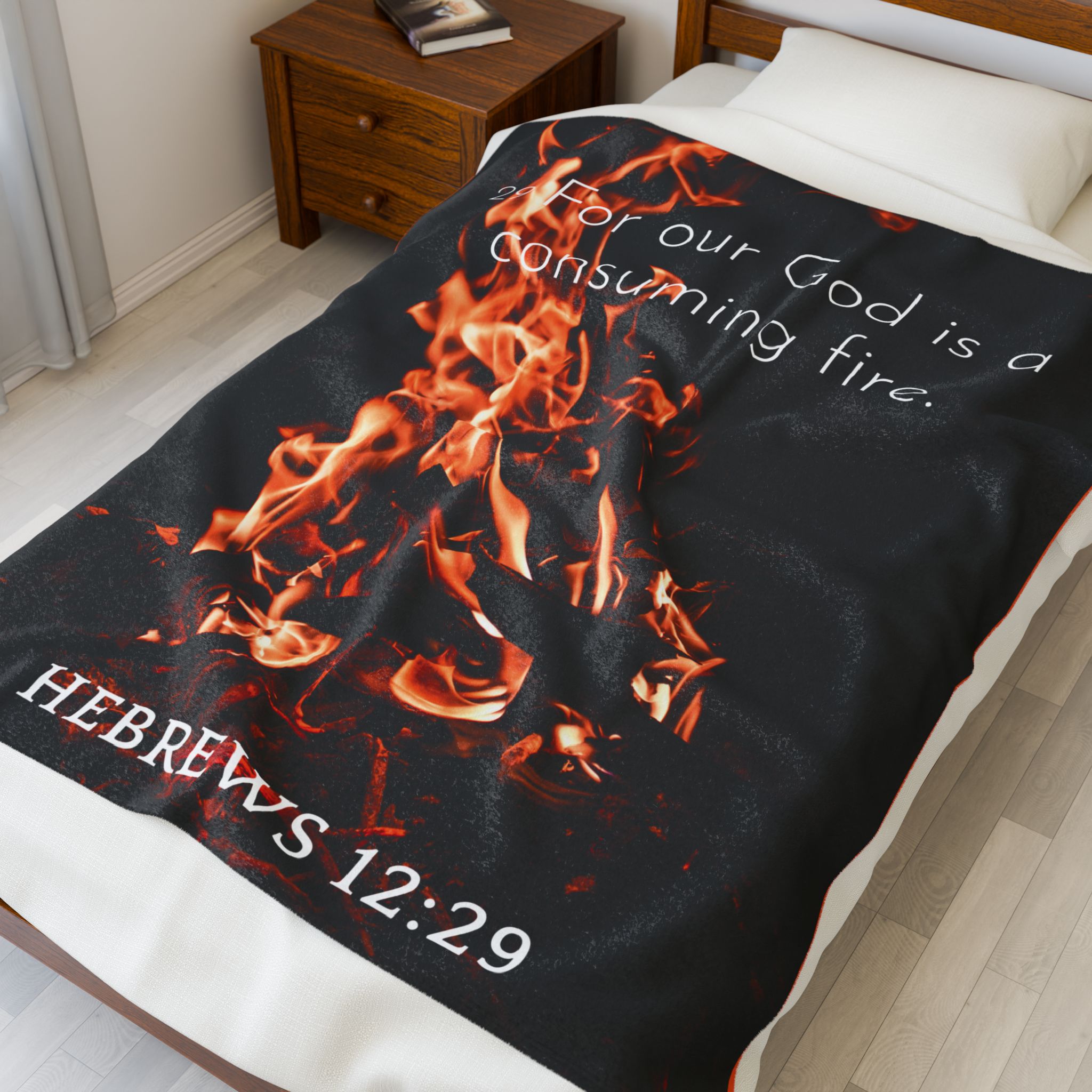 Inspirational Lightweight Velveteen Plushie Blanket, Christianity Gifted, Bible Verse Scriptural Hebrews 12:29 product thumbnail image Inspirational Lightweight Velveteen Plushie Blanket, Christianity Gifted, Bible Verse Scriptural Hebrews 12:29 product thumbnail image