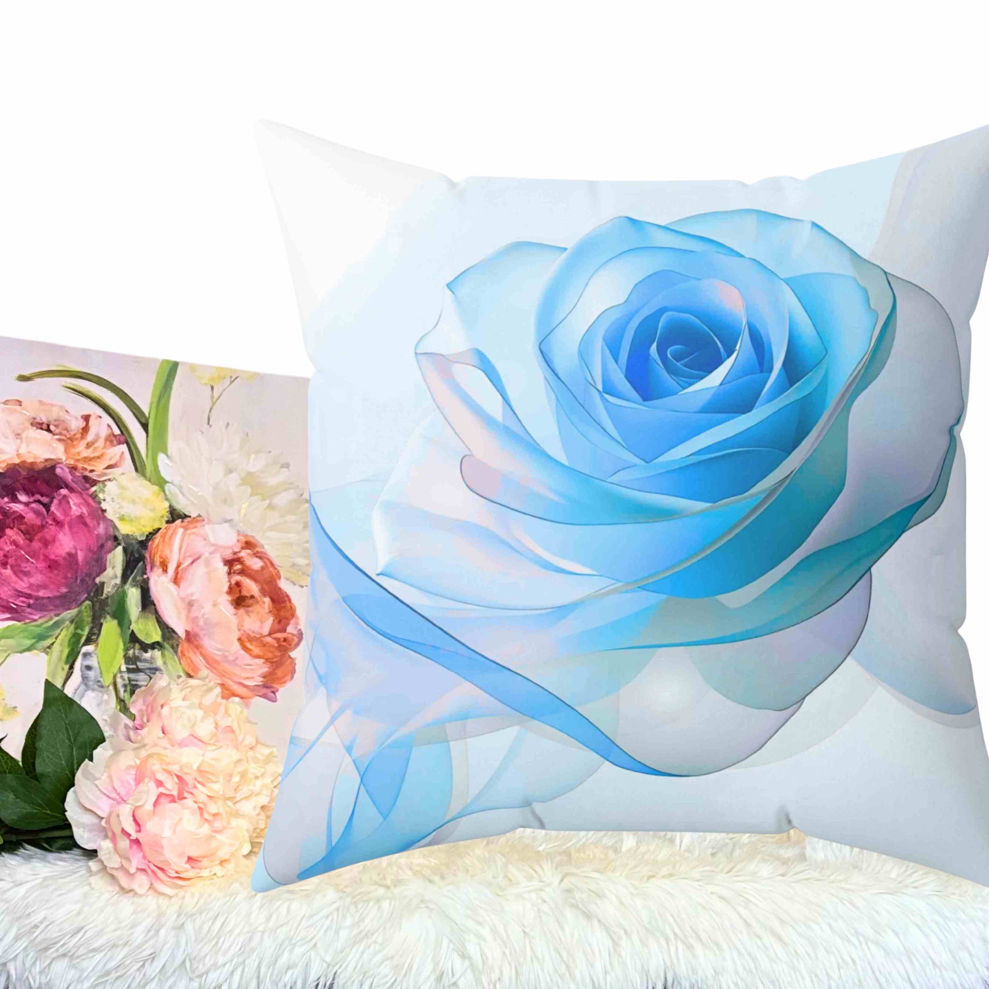 Elegant Blue Ribbon Rose Square Pillow, Floral Home Decor, Couch Cushion, Gift for Mom, Wedding Decor, Spring Accent product thumbnail image