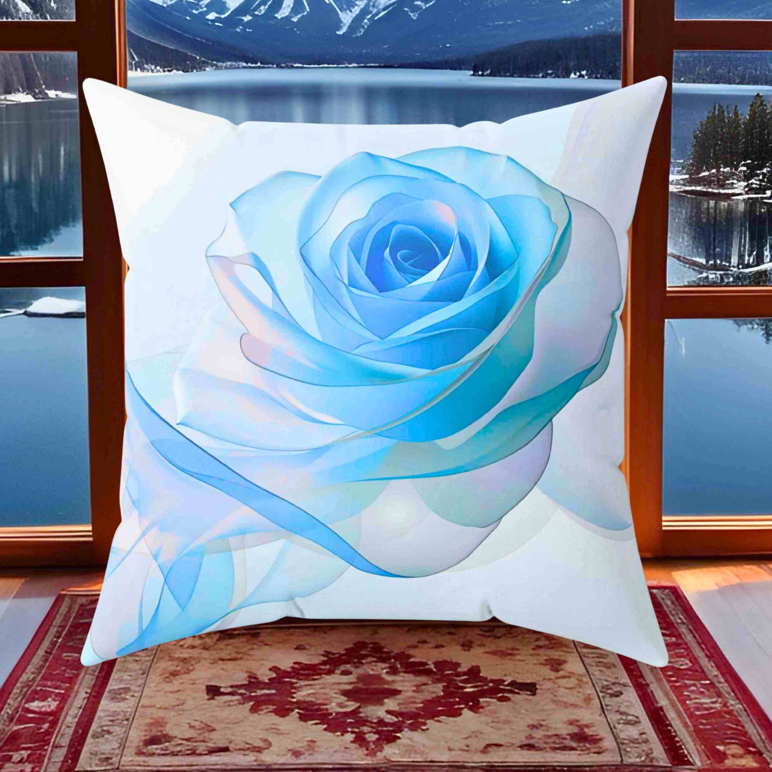 Elegant Blue Ribbon Rose Square Pillow, Floral Home Decor, Couch Cushion, Gift for Mom, Wedding Decor, Spring Accent product thumbnail image