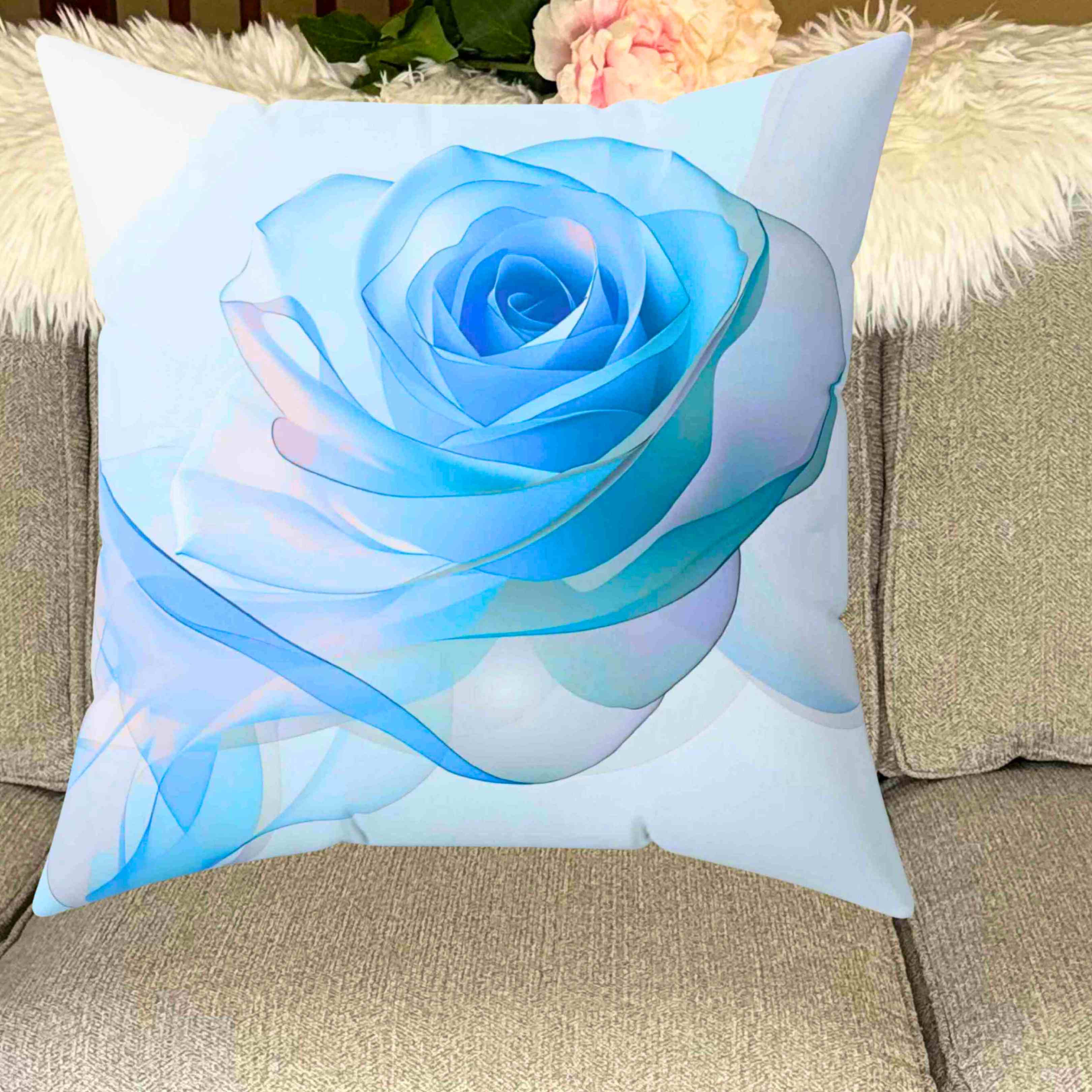 Elegant Blue Ribbon Rose Square Pillow, Floral Home Decor, Couch Cushion, Gift for Mom, Wedding Decor, Spring Accent product thumbnail image