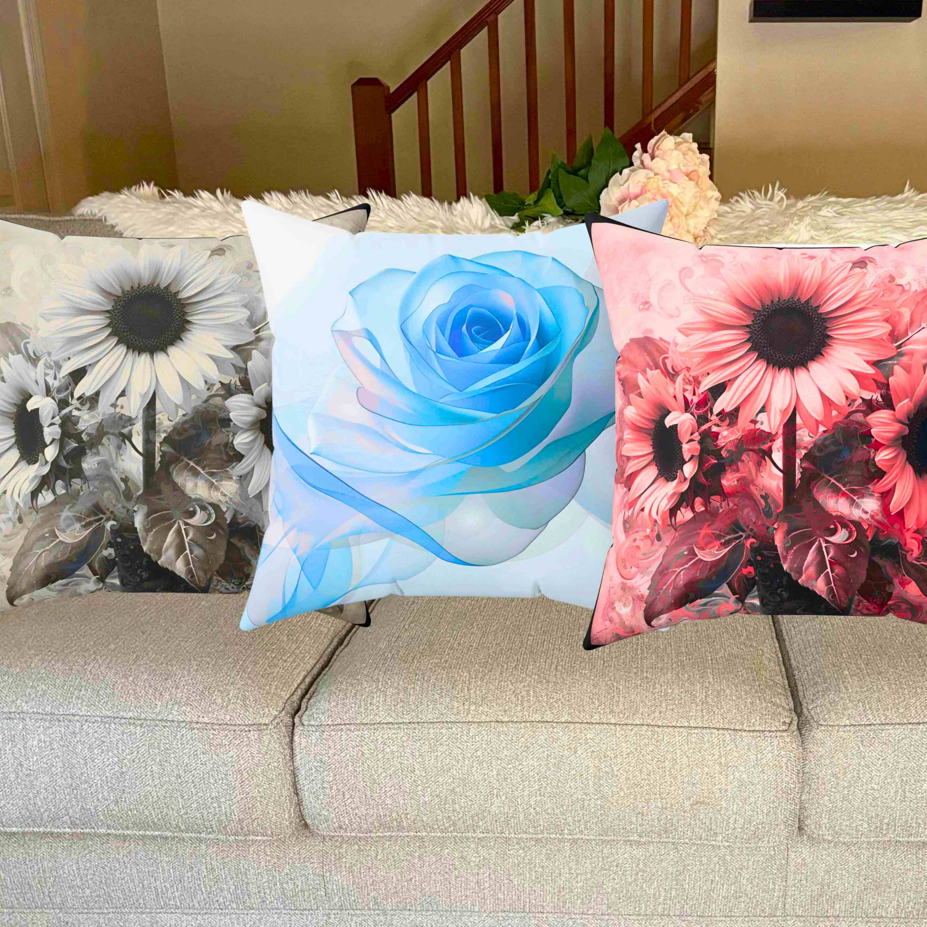 Elegant Blue Ribbon Rose Square Pillow, Floral Home Decor, Couch Cushion, Gift for Mom, Wedding Decor, Spring Accent product thumbnail image
