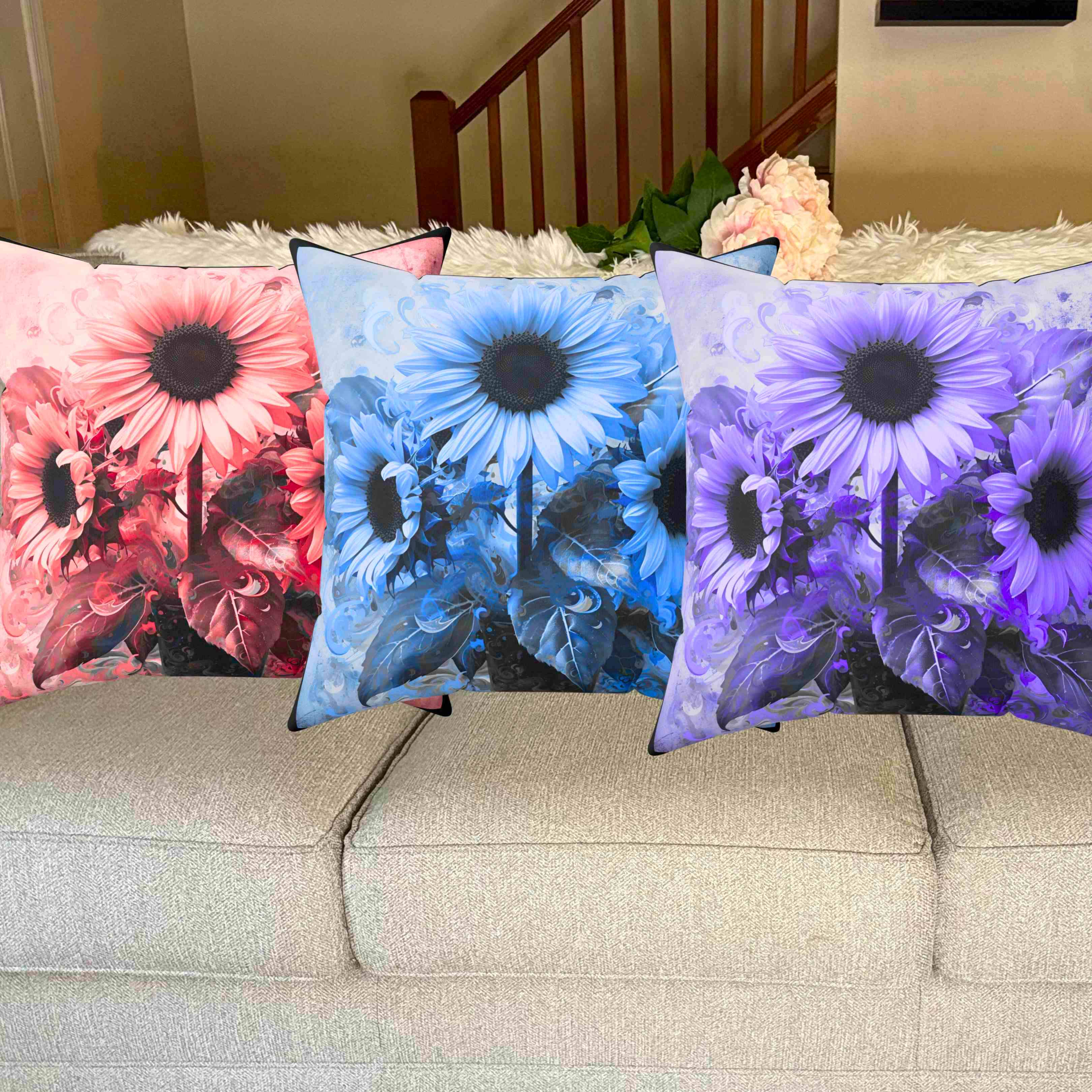Purple Floral Decorative Pillow for Home Decor, Cozy Living Room Accent, Gift for Flower Lovers, Spring Decor, Sunflower Cushion product thumbnail image