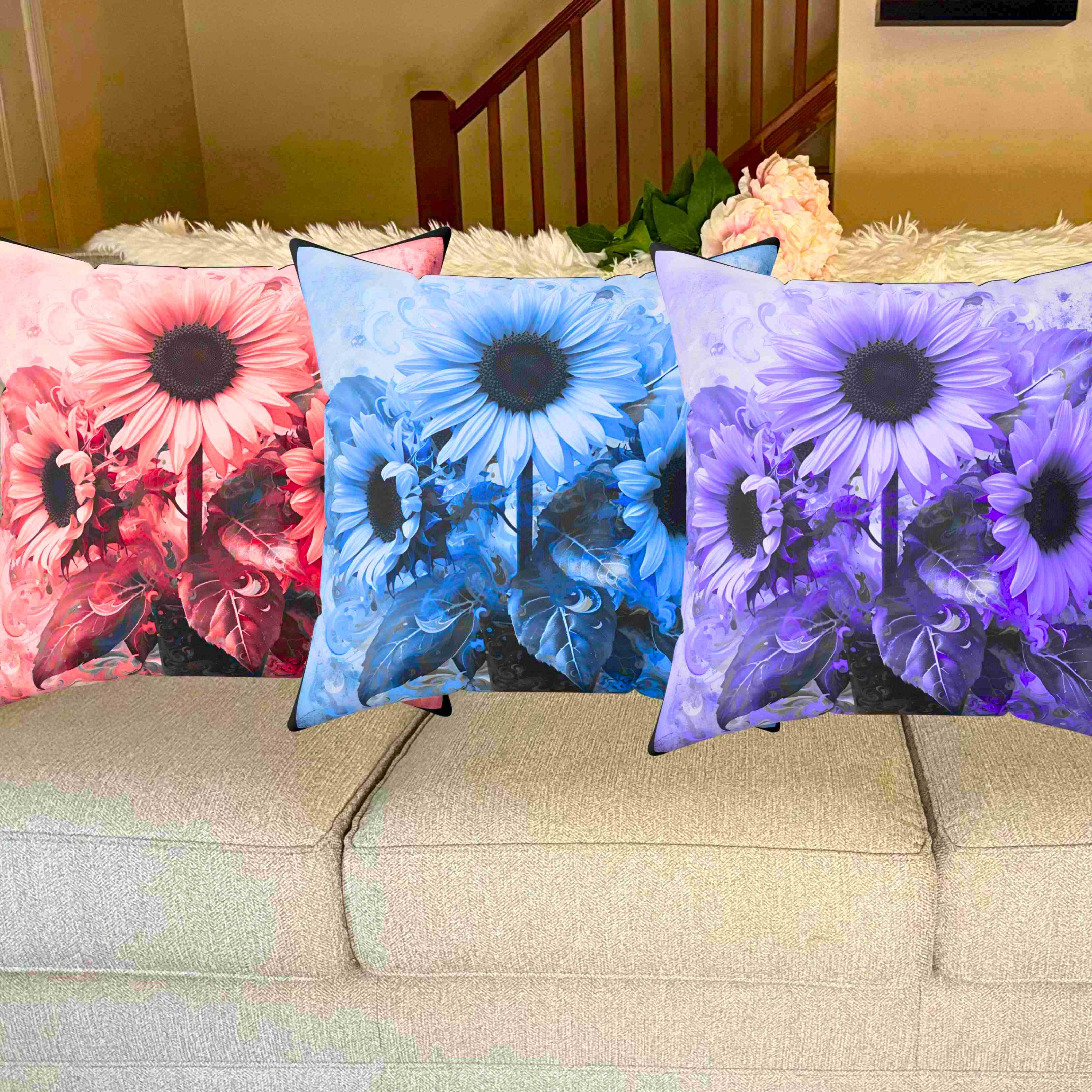 Blue Sunflower Decorative Pillow, Floral Accent Pillow for Home, Cozy Couch Decor, Gift for Her, Spring and Summer Vibes product thumbnail image