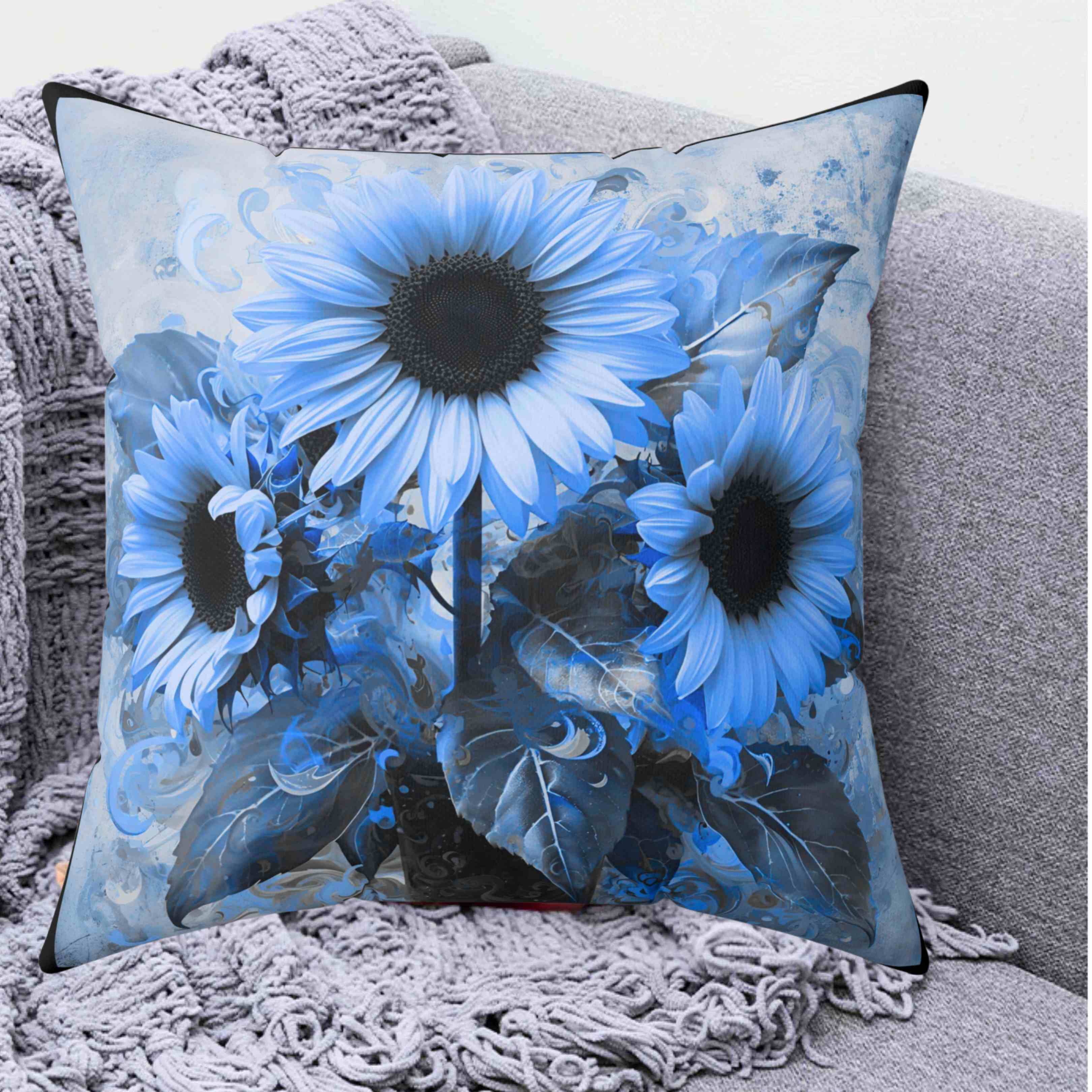 Blue Sunflower Decorative Pillow, Floral Accent Pillow for Home, Cozy Couch Decor, Gift for Her, Spring and Summer Vibes product thumbnail image