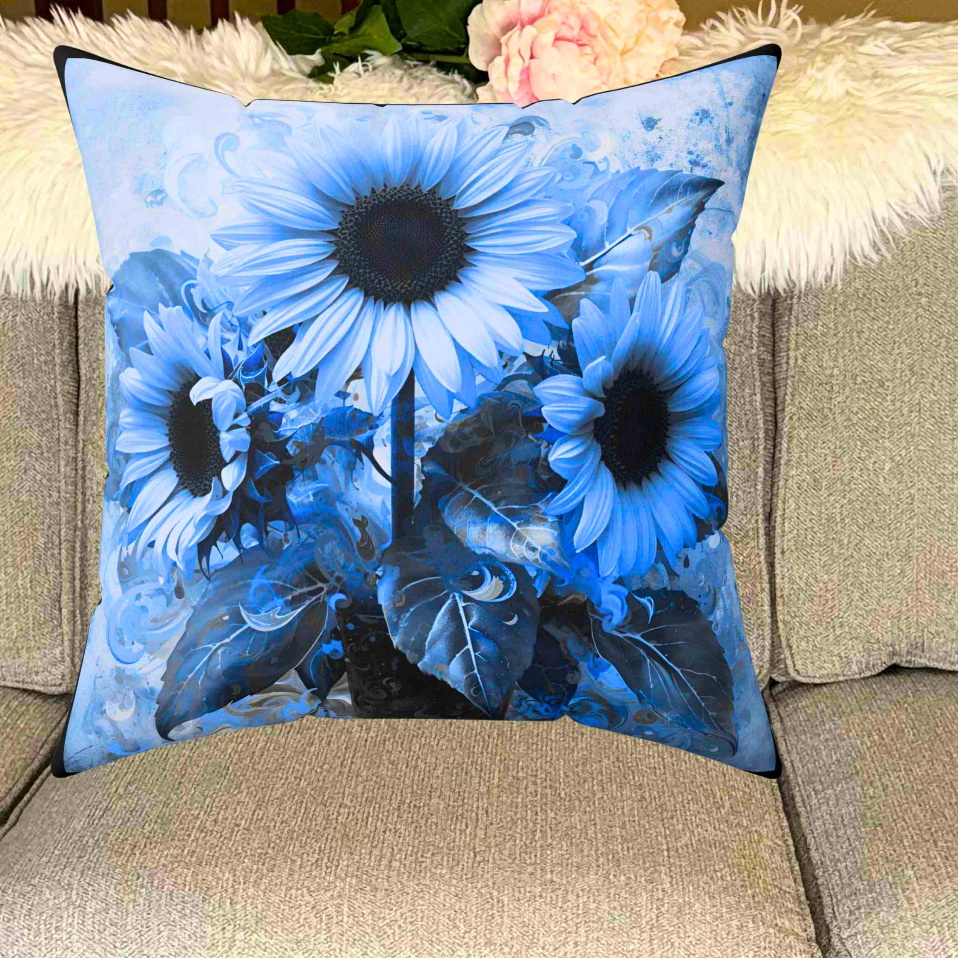 Blue Sunflower Decorative Pillow, Floral Accent Pillow for Home, Cozy Couch Decor, Gift for Her, Spring and Summer Vibes product thumbnail image