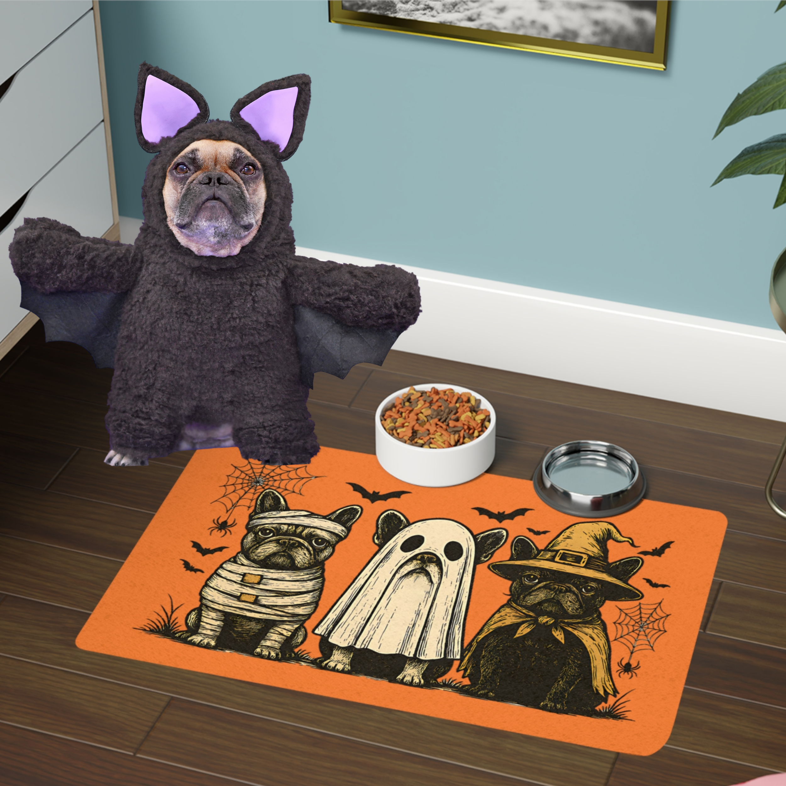 🦇 Trick-or-Treat French Bulldog Halloween Pet Food Mat