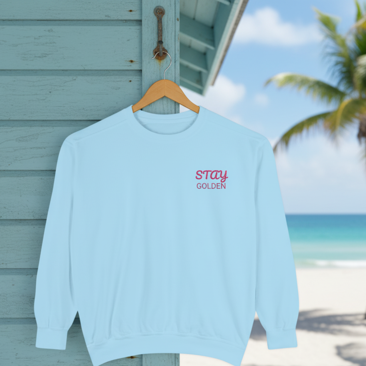 Stay Golden Embroidered Comfort Colors Sweatshirt | Summer Lovin’ Co Coastal Crewneck | Retro Beach Club Pullover product thumbnail image Stay Golden Embroidered Comfort Colors Sweatshirt | Summer Lovin’ Co Coastal Crewneck | Retro Beach Club Pullover product thumbnail image