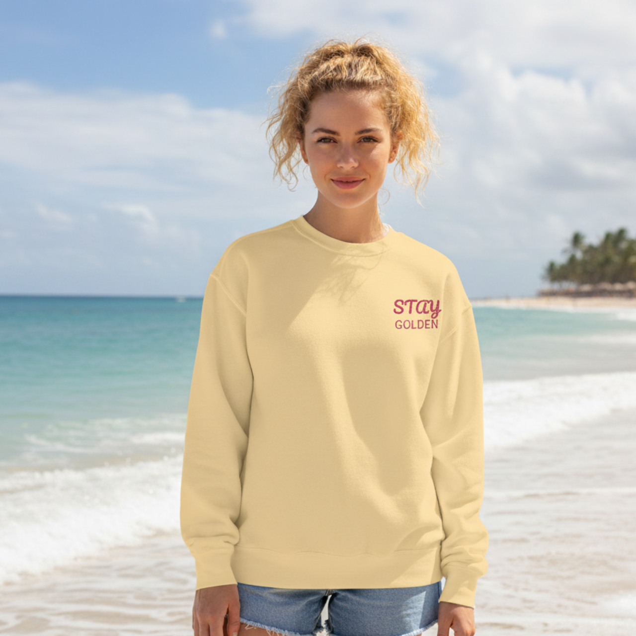 Stay Golden Embroidered Comfort Colors Sweatshirt | Summer Lovin’ Co Coastal Crewneck | Retro Beach Club Pullover product thumbnail image Stay Golden Embroidered Comfort Colors Sweatshirt | Summer Lovin’ Co Coastal Crewneck | Retro Beach Club Pullover product thumbnail image