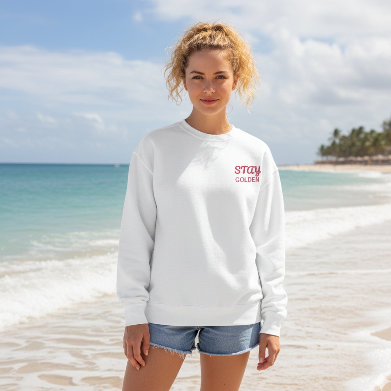 Stay Golden Embroidered Comfort Colors Sweatshirt | Summer Lovin’ Co Coastal Crewneck | Retro Beach Club Pullover product thumbnail image