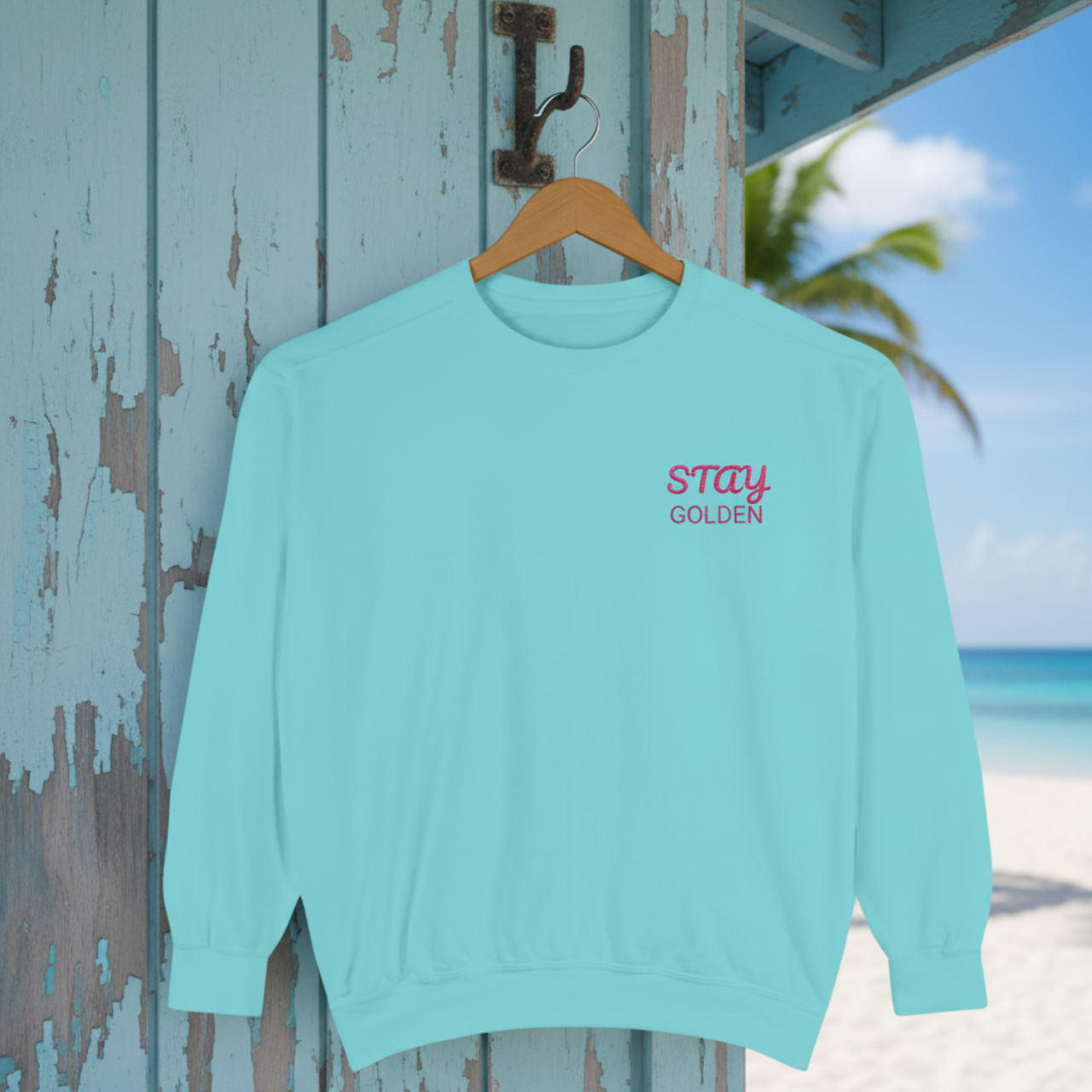 Stay Golden Embroidered Comfort Colors Sweatshirt | Summer Lovin’ Co Coastal Crewneck | Retro Beach Club Pullover product thumbnail image Stay Golden Embroidered Comfort Colors Sweatshirt | Summer Lovin’ Co Coastal Crewneck | Retro Beach Club Pullover product thumbnail image
