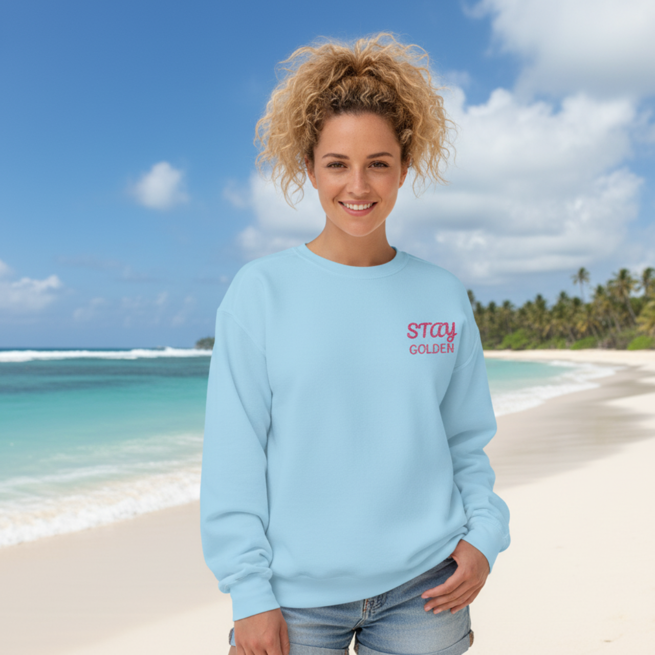Stay Golden Embroidered Comfort Colors Sweatshirt | Summer Lovin’ Co Coastal Crewneck | Retro Beach Club Pullover product thumbnail image Stay Golden Embroidered Comfort Colors Sweatshirt | Summer Lovin’ Co Coastal Crewneck | Retro Beach Club Pullover product thumbnail image