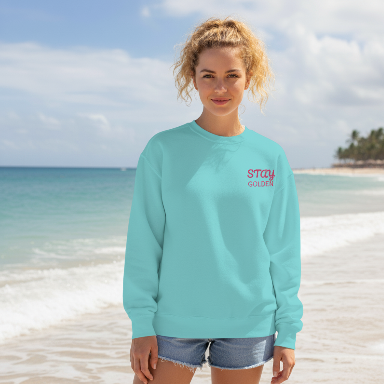 Stay Golden Embroidered Comfort Colors Sweatshirt | Summer Lovin’ Co Coastal Crewneck | Retro Beach Club Pullover product thumbnail image