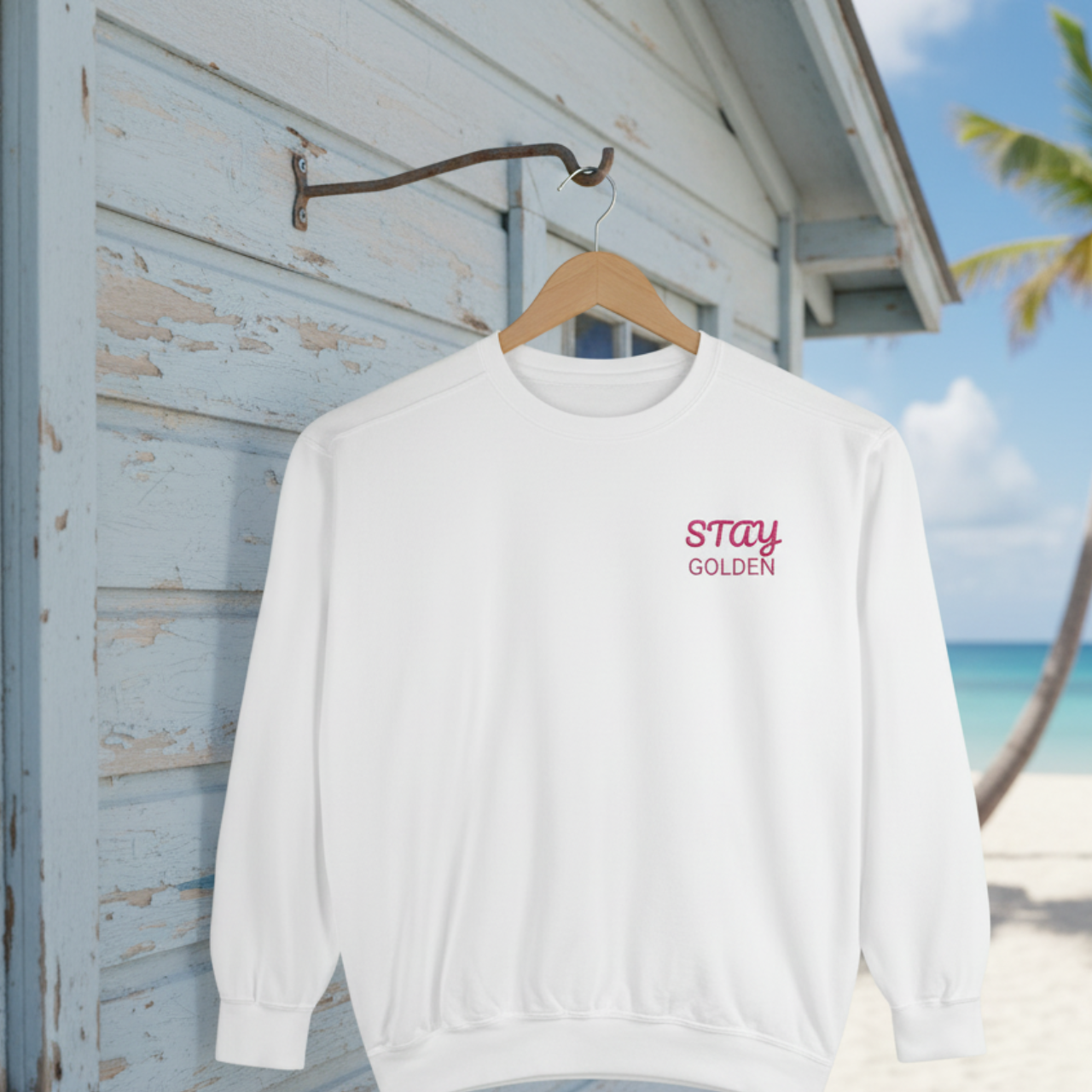 Stay Golden Embroidered Comfort Colors Sweatshirt | Summer Lovin’ Co Coastal Crewneck | Retro Beach Club Pullover product thumbnail image Stay Golden Embroidered Comfort Colors Sweatshirt | Summer Lovin’ Co Coastal Crewneck | Retro Beach Club Pullover product thumbnail image