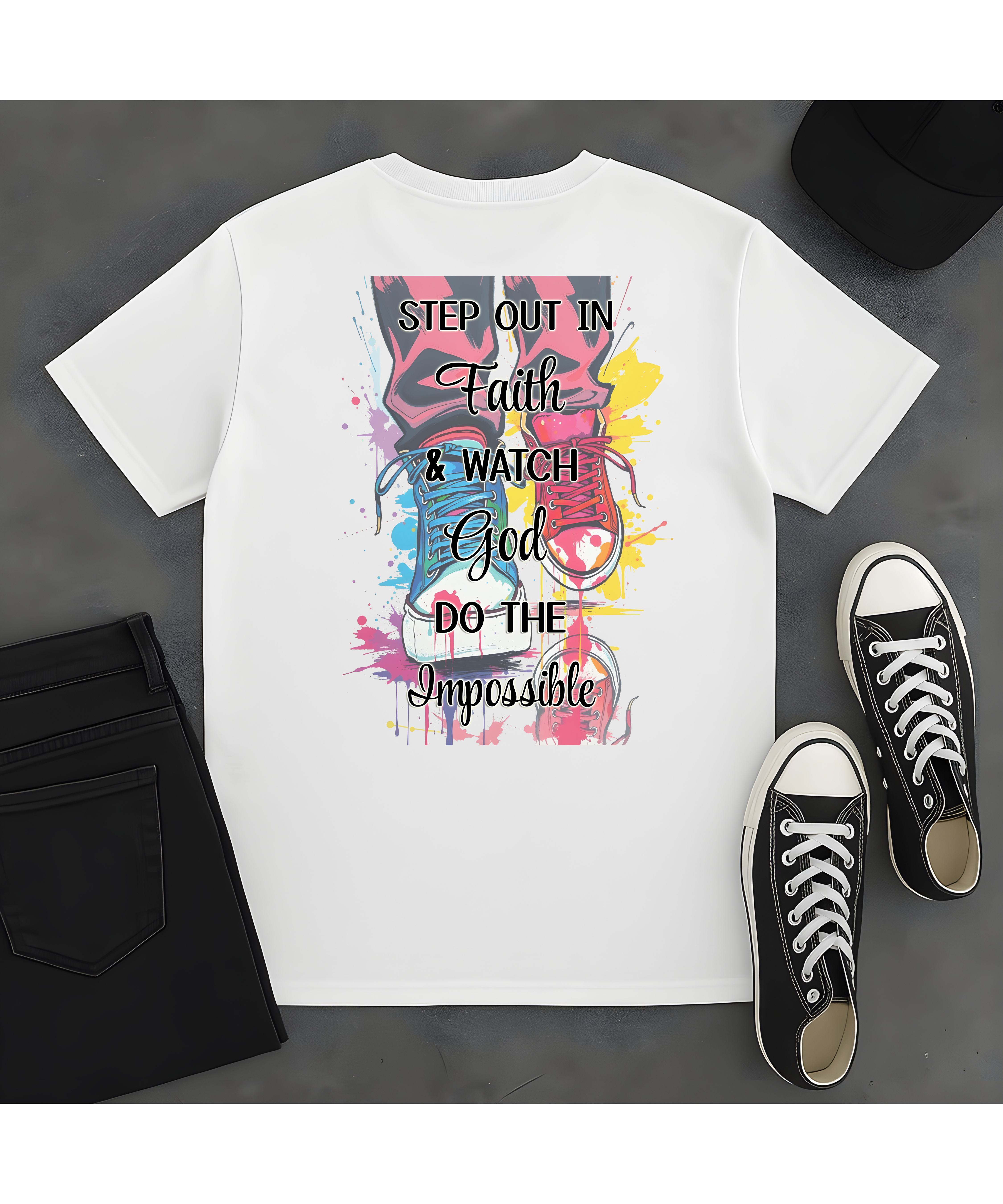 Step Out in Faith &amp; Watch God Do the Impossible Christian Softstyle T-Shirt – Inspirational Faith Tee, 2 Corinthians 5:7 Shirt, Colorful Christian Apparel for Men and Women product thumbnail image