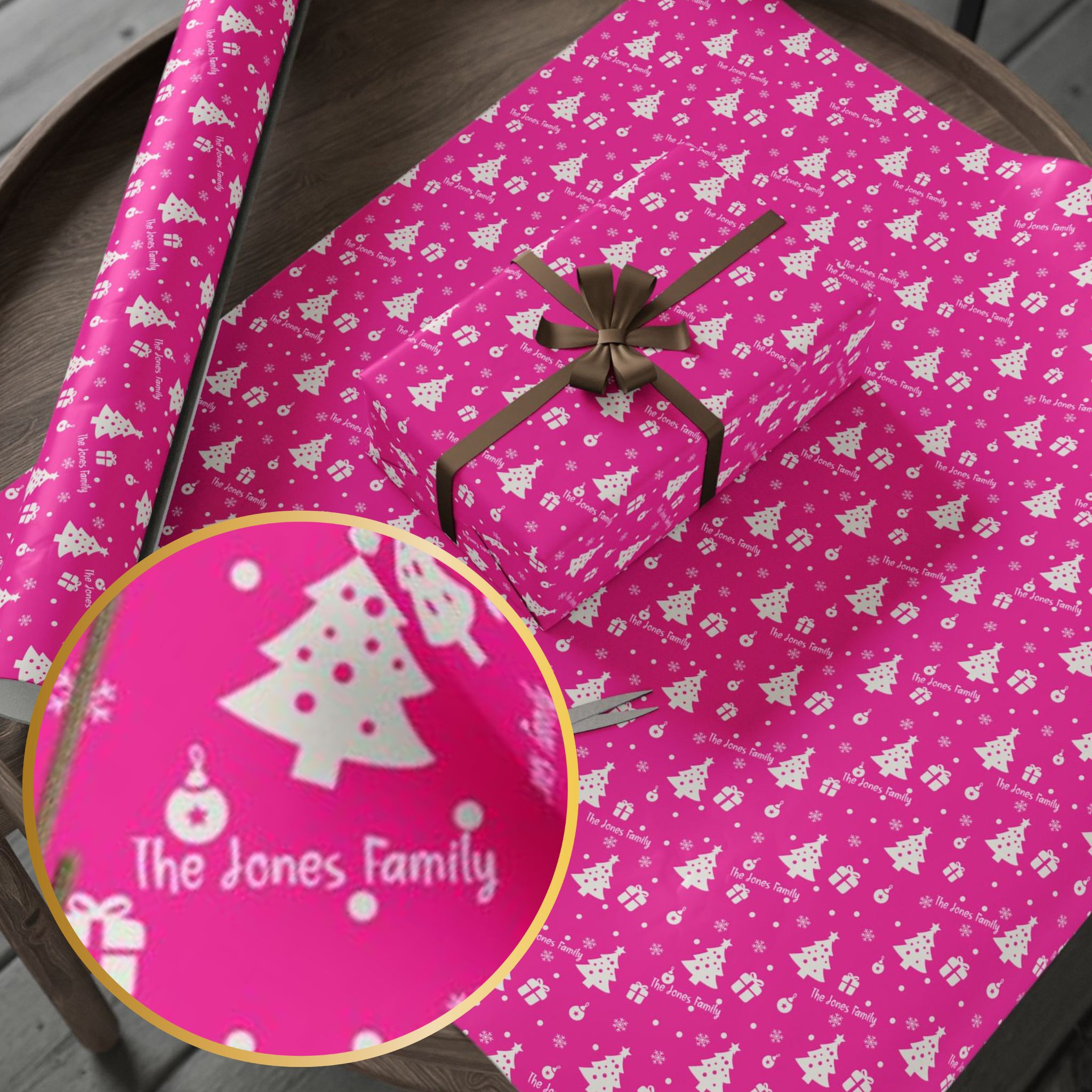 Personalized Pink Christmas Wrapping Paper Roll - Family Name, Greeting, Quote, Etc. product thumbnail image Personalized Pink Christmas Wrapping Paper Roll - Family Name, Greeting, Quote, Etc. product thumbnail image