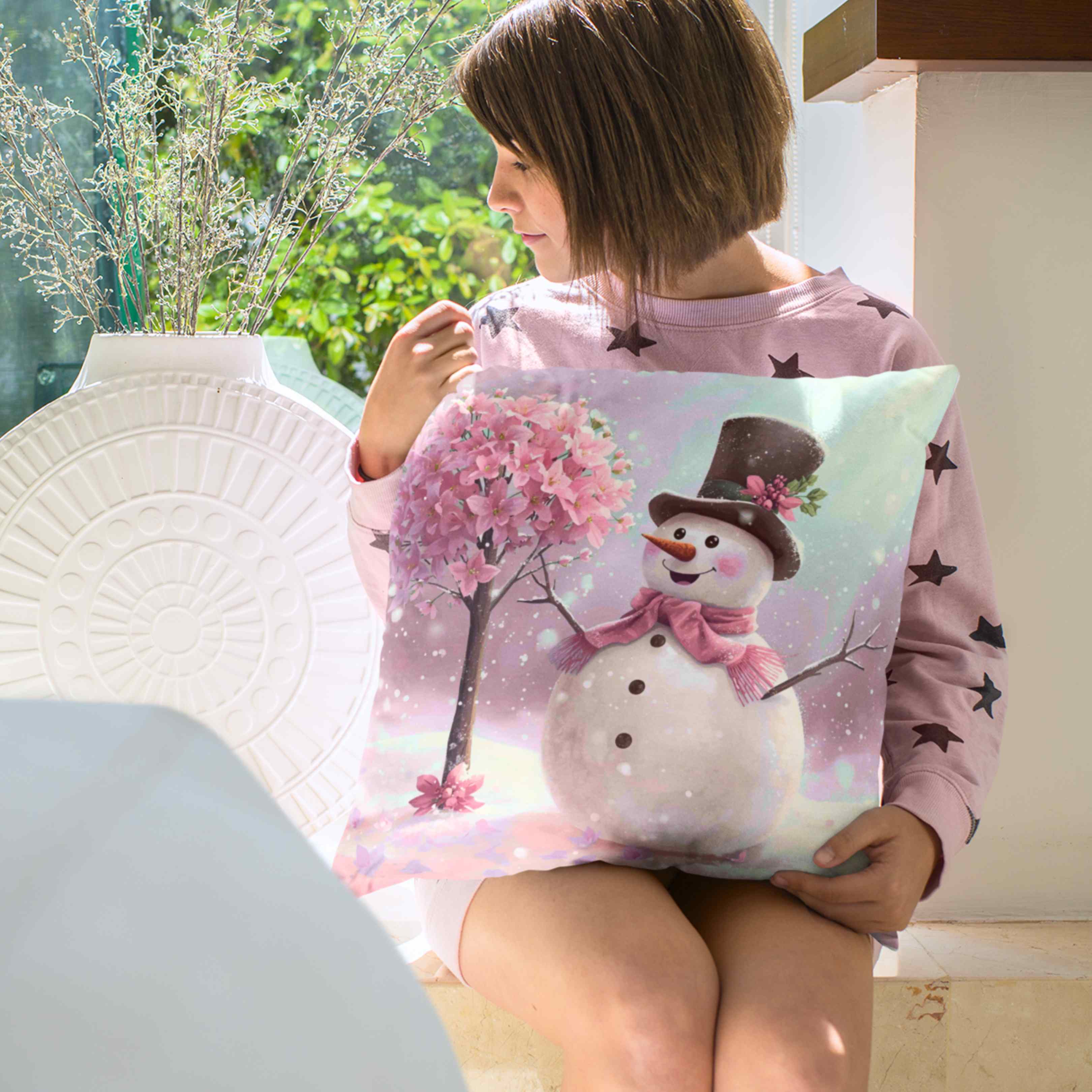 Pink Flower Tree Snowman Pillow – Rosy-Cheeked Snowman Beside Pink Flower Tree – Cozy Snowglobe Holiday Decorative Cushion with Insert, Gift for Friends and Family product thumbnail image