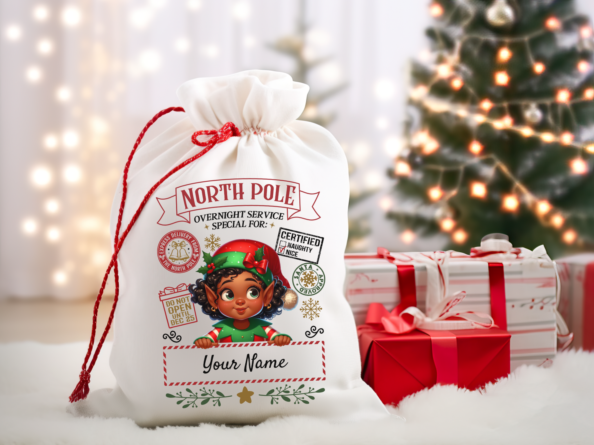 Personalized Santa Sack – North Pole Express Delivery Bag for Christmas Gifts - Girl Elf 1 product thumbnail image Personalized Santa Sack – North Pole Express Delivery Bag for Christmas Gifts - Girl Elf 1 product thumbnail image