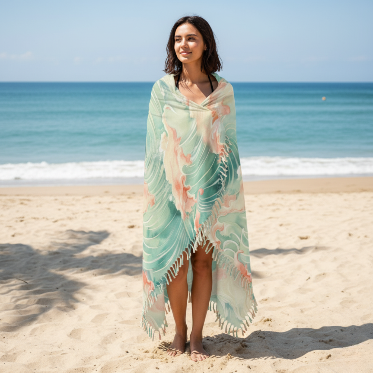 Boho Pastel Wave Beach Towel | Seafoam &amp; Coral Abstract Coastal Design | Summer Lovin’ Co. Soft Oversized Towel for Beach Days, Pool Lounging, Vacations &amp; Gifts