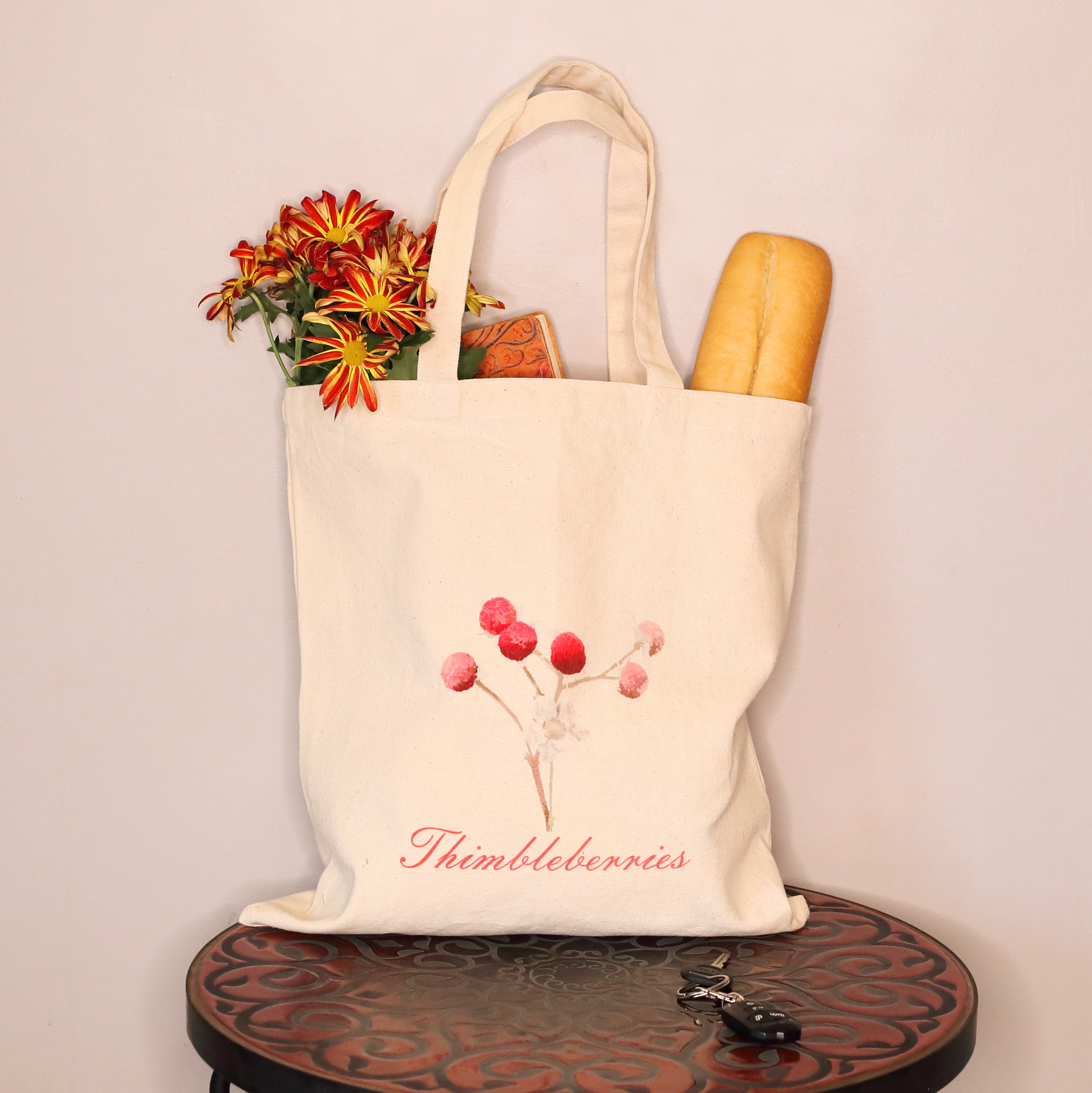 Thimbleberries and Flower Tote | Cotton Canvas Tote Bag