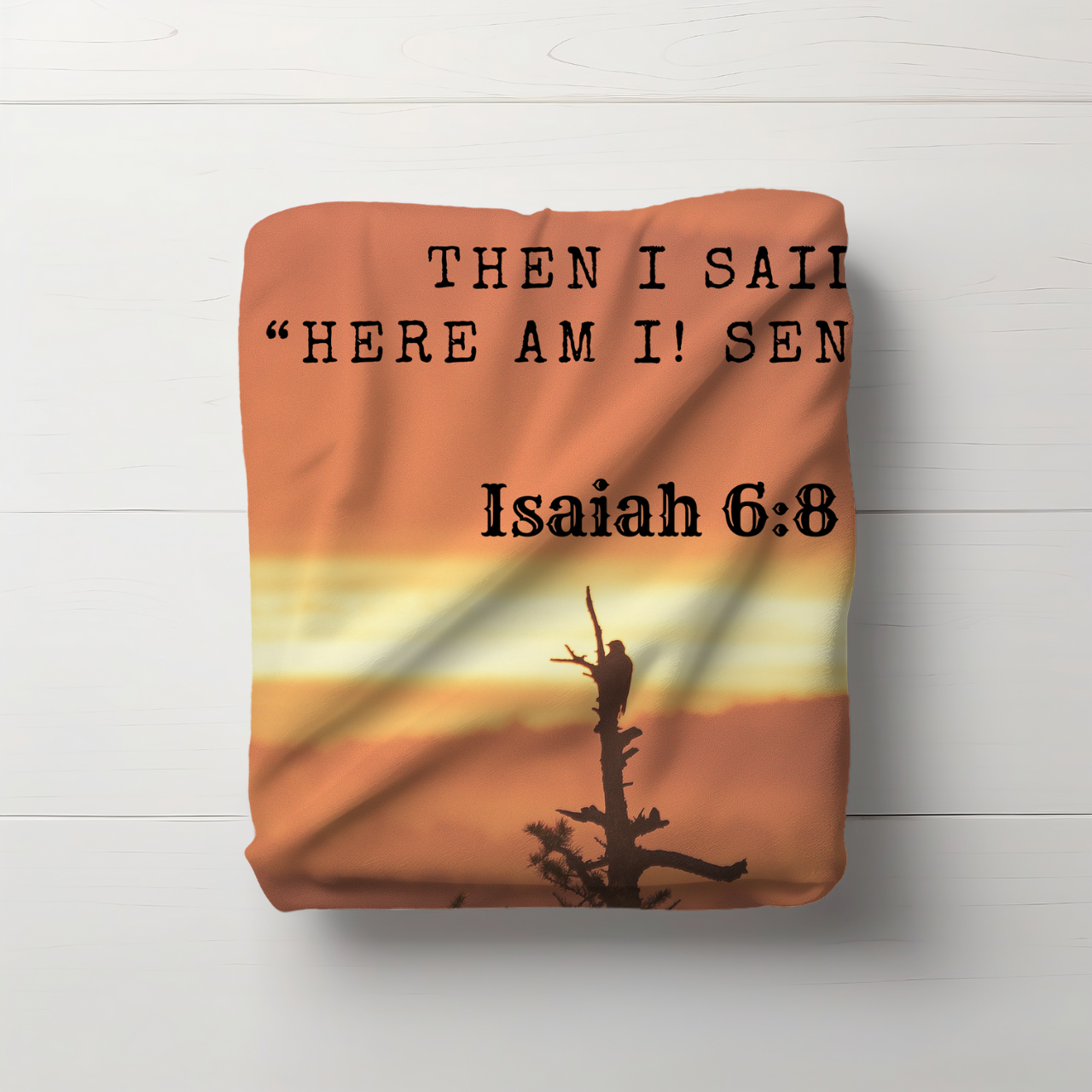 Inspirational Lightweight Velveteen Plushie Blanket featuring a Bible Verse Scriptural Isaiah 6:8 product thumbnail image Inspirational Lightweight Velveteen Plushie Blanket featuring a Bible Verse Scriptural Isaiah 6:8 product thumbnail image