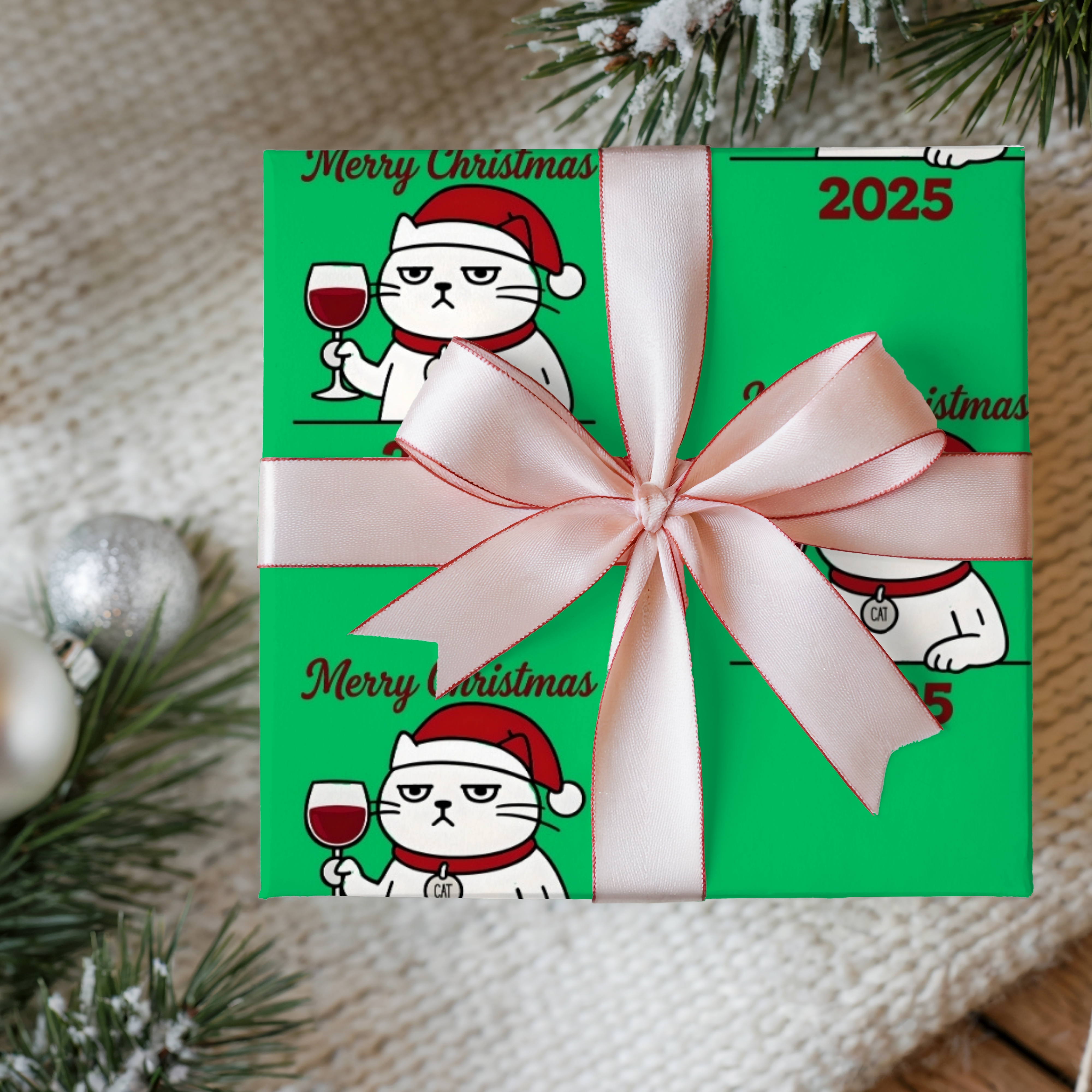 Christmas Wrapping Paper Roll - Festive Green Design with Cute Cat Wrapping Paper product thumbnail image Christmas Wrapping Paper Roll - Festive Green Design with Cute Cat Wrapping Paper product thumbnail image