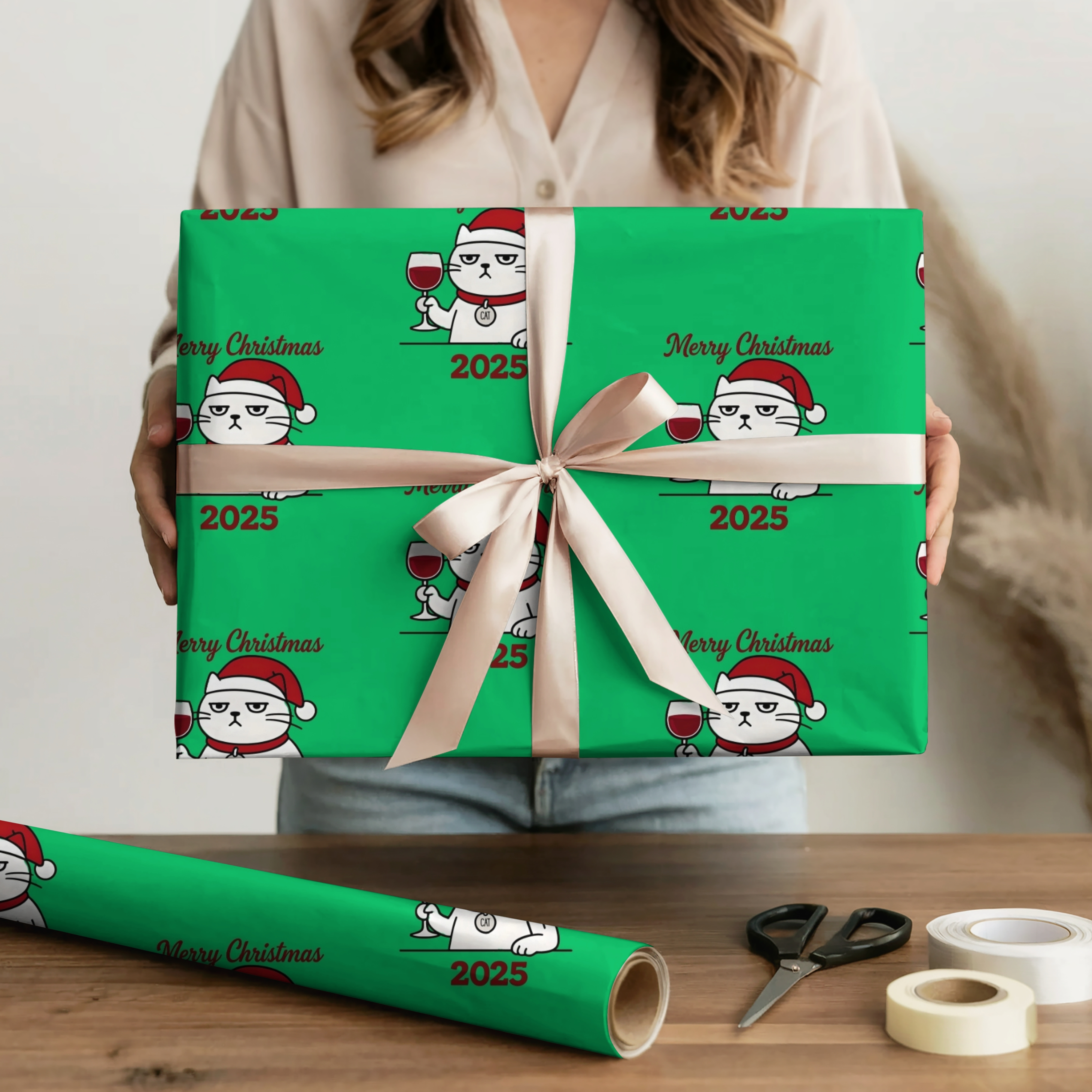 Christmas Wrapping Paper Roll - Festive Green Design with Cute Cat Wrapping Paper product thumbnail image Christmas Wrapping Paper Roll - Festive Green Design with Cute Cat Wrapping Paper product thumbnail image