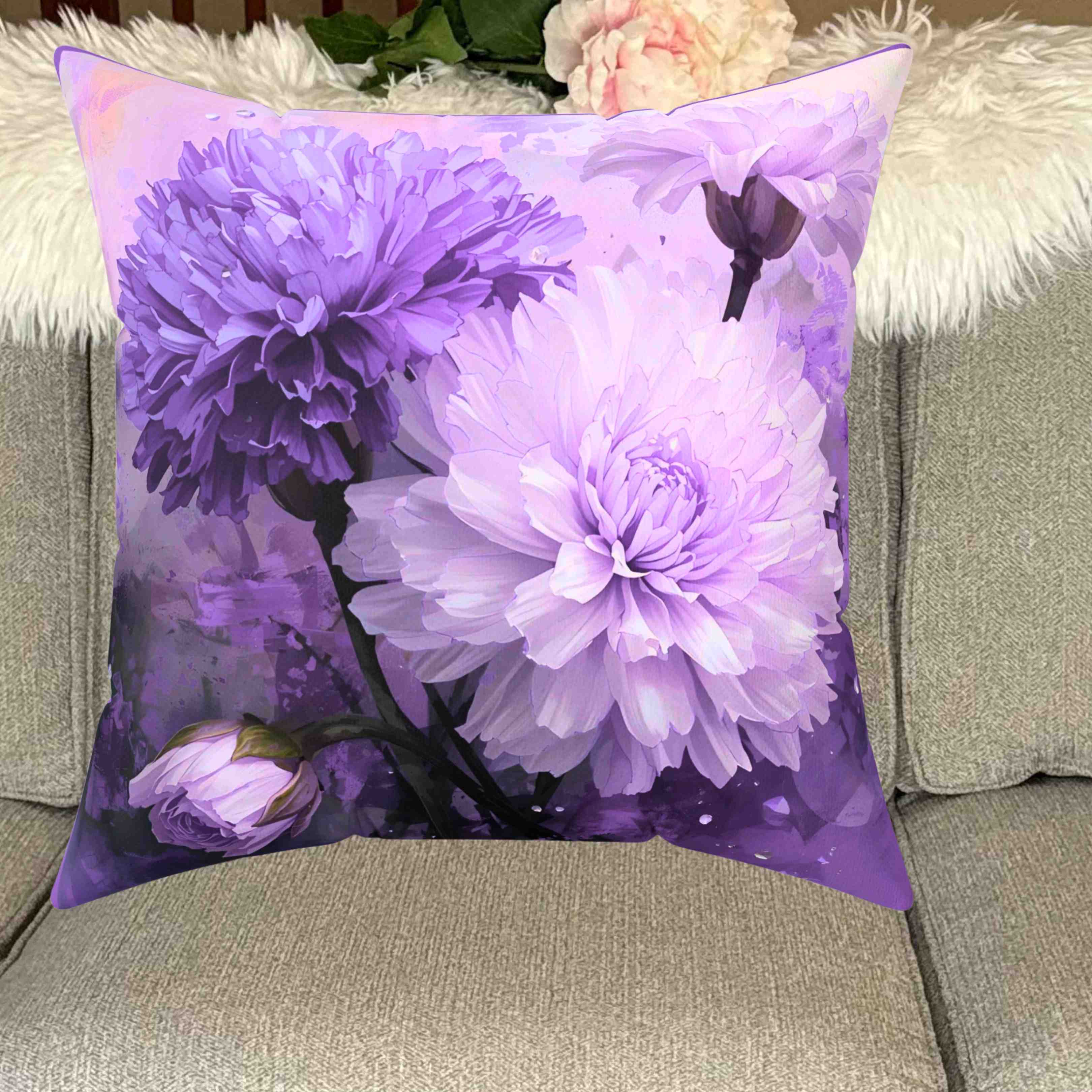 Elegant Carnation Floral Throw Pillow, Purple Flower Decor, Home Accent Cushion, Gift for Spring, Throw Pillow for Living Room, Decorative Pillow product thumbnail image