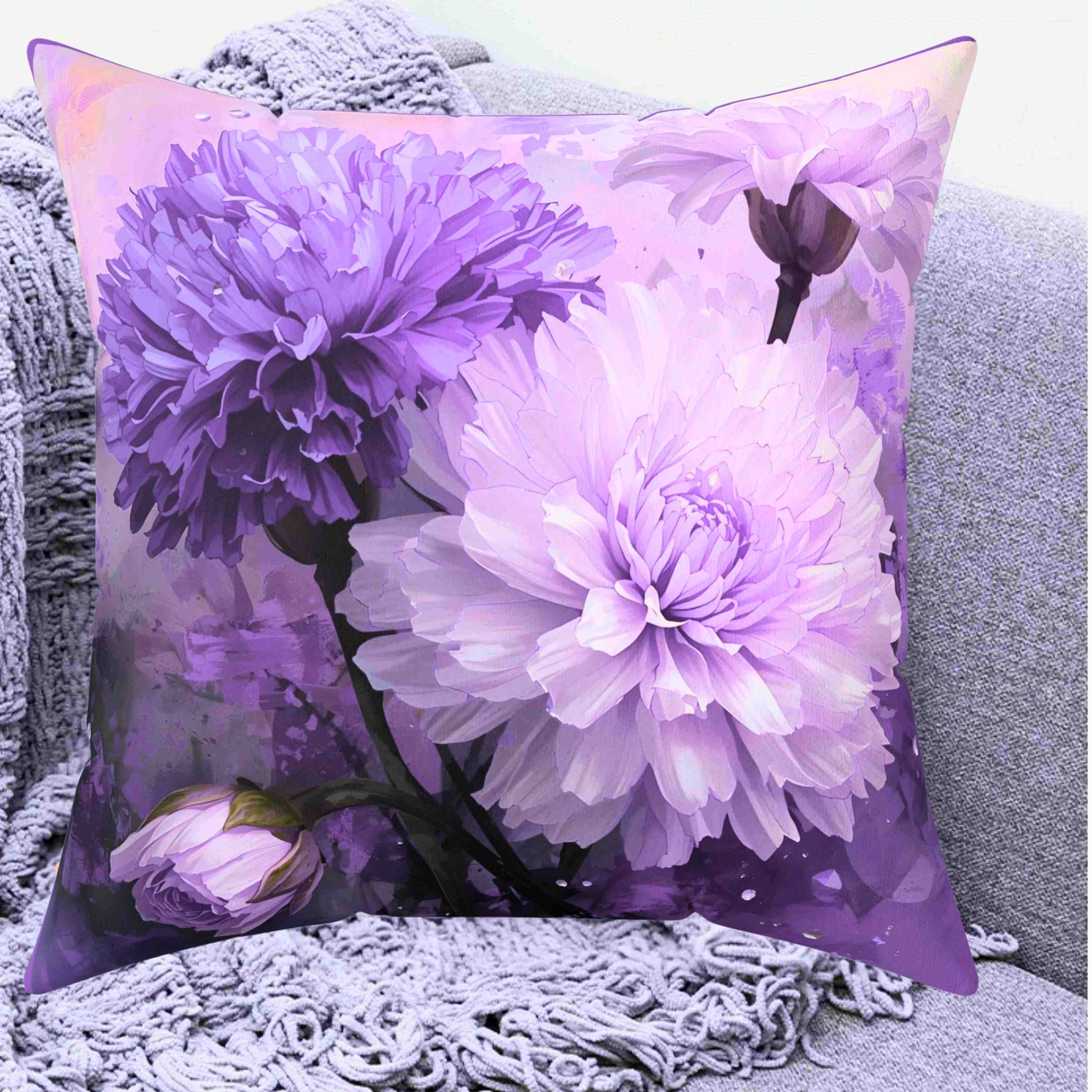 Elegant Carnation Floral Throw Pillow, Purple Flower Decor, Home Accent Cushion, Gift for Spring, Throw Pillow for Living Room, Decorative Pillow product thumbnail image