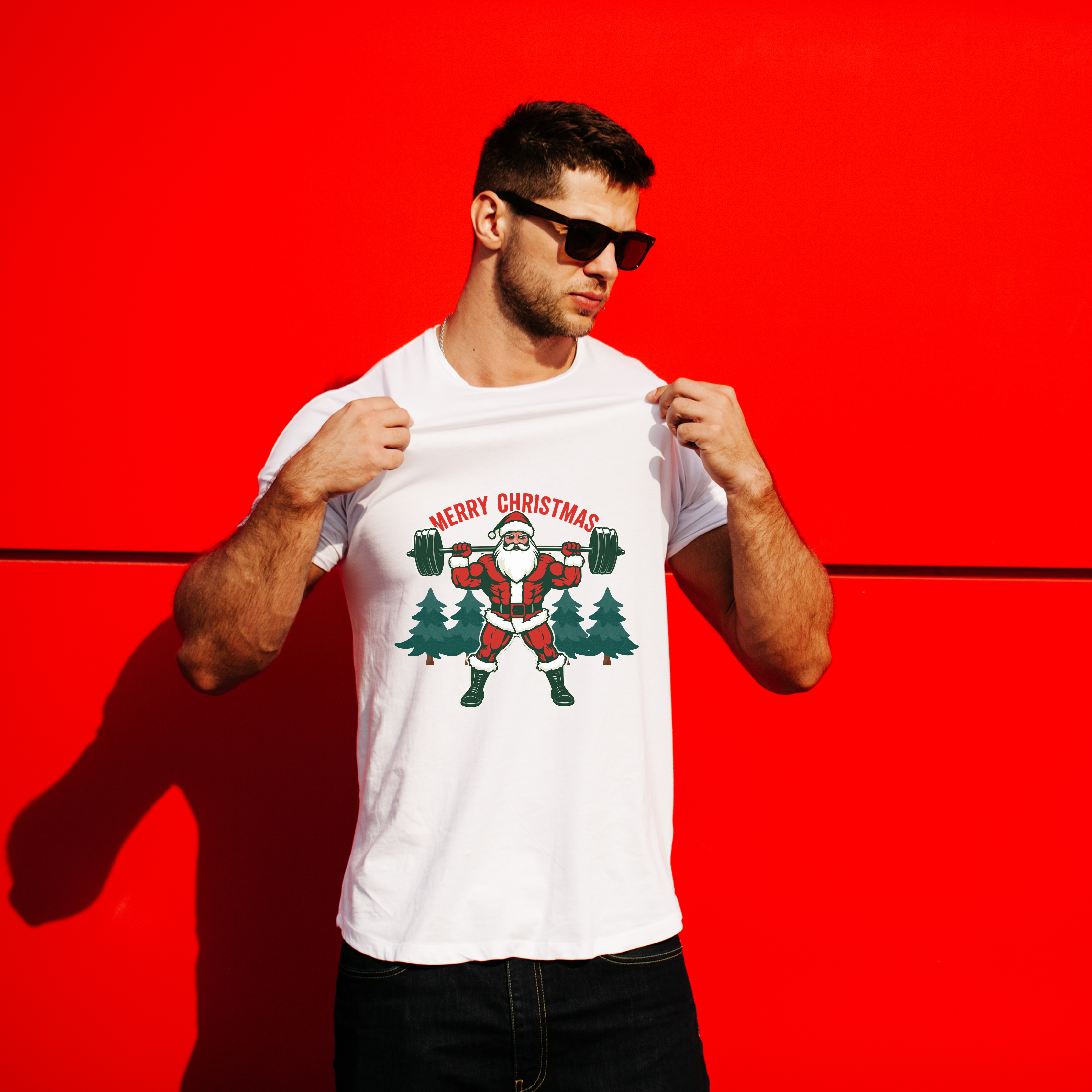 Merry Christmas Buff Santa T-Shirt | Funny Holiday Gym Tee | Unisex Christmas Workout Shirt product thumbnail image Merry Christmas Buff Santa T-Shirt | Funny Holiday Gym Tee | Unisex Christmas Workout Shirt product thumbnail image
