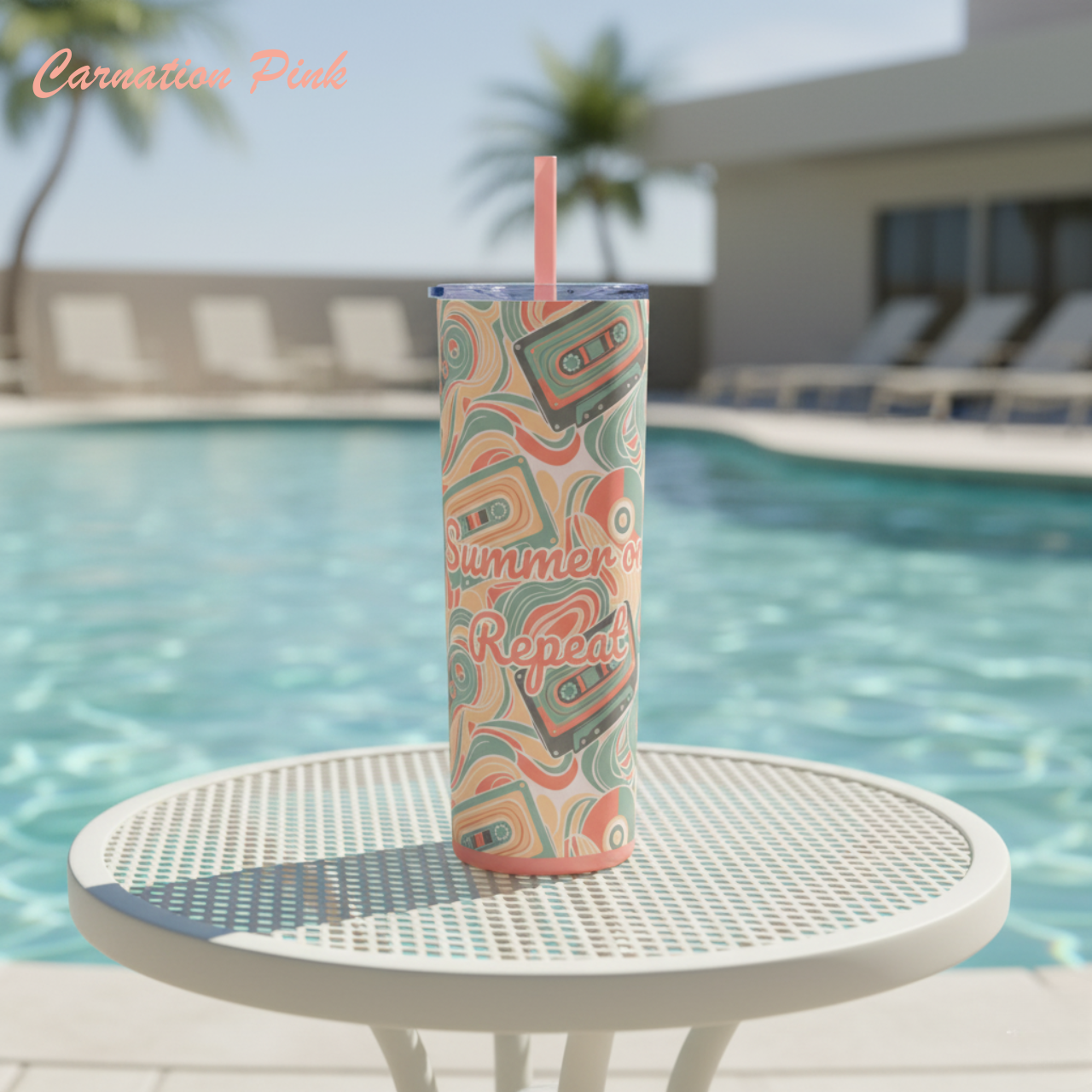 ☀️ Summer on Repeat Retro 20oz Skinny Tumbler – 70s Cassette Tape Vibes | Glitter Dusty Rose Straw | Poolside Drinkware product thumbnail image ☀️ Summer on Repeat Retro 20oz Skinny Tumbler – 70s Cassette Tape Vibes | Glitter Dusty Rose Straw | Poolside Drinkware product thumbnail image