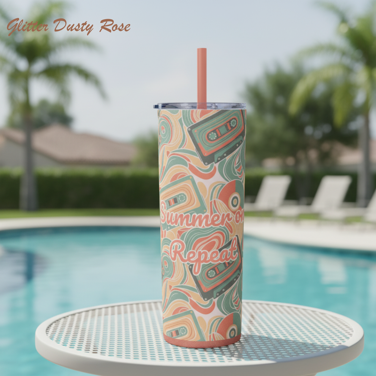 ☀️ Summer on Repeat Retro 20oz Skinny Tumbler – 70s Cassette Tape Vibes | Glitter Dusty Rose Straw | Poolside Drinkware product thumbnail image ☀️ Summer on Repeat Retro 20oz Skinny Tumbler – 70s Cassette Tape Vibes | Glitter Dusty Rose Straw | Poolside Drinkware product thumbnail image