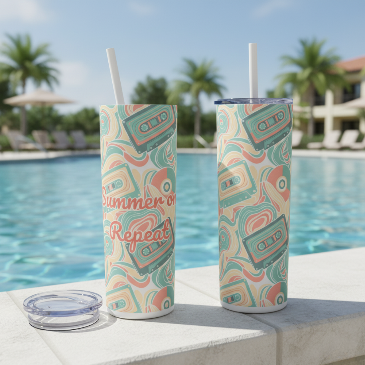 ☀️ Summer on Repeat Retro 20oz Skinny Tumbler – 70s Cassette Tape Vibes | Glitter Dusty Rose Straw | Poolside Drinkware product thumbnail image
