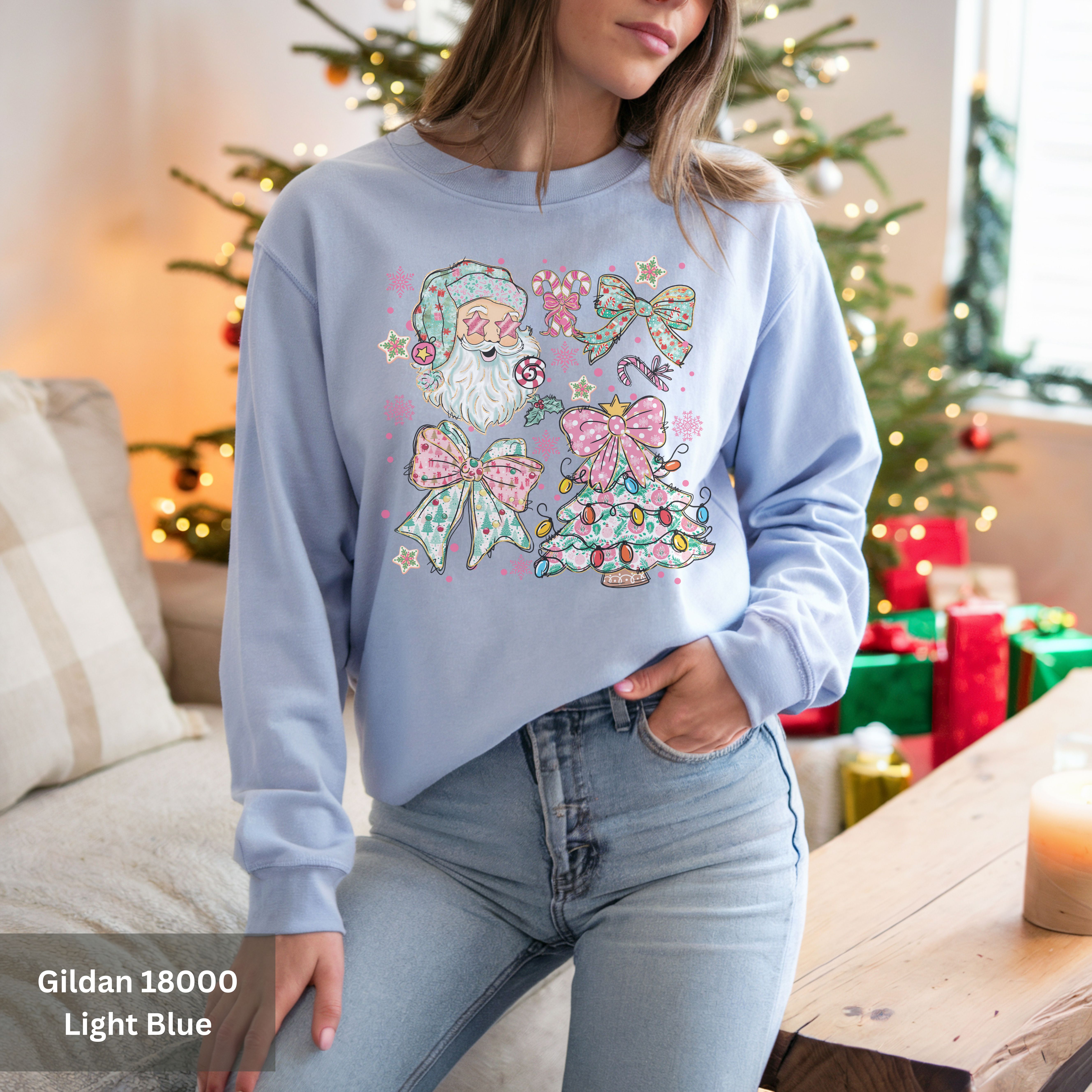 Trendy Christmas Sweatshirt, Christmas Tree, Bow and Santa Design, Cozy Holiday Design Crewneck, Holiday Gift for Her product thumbnail image
