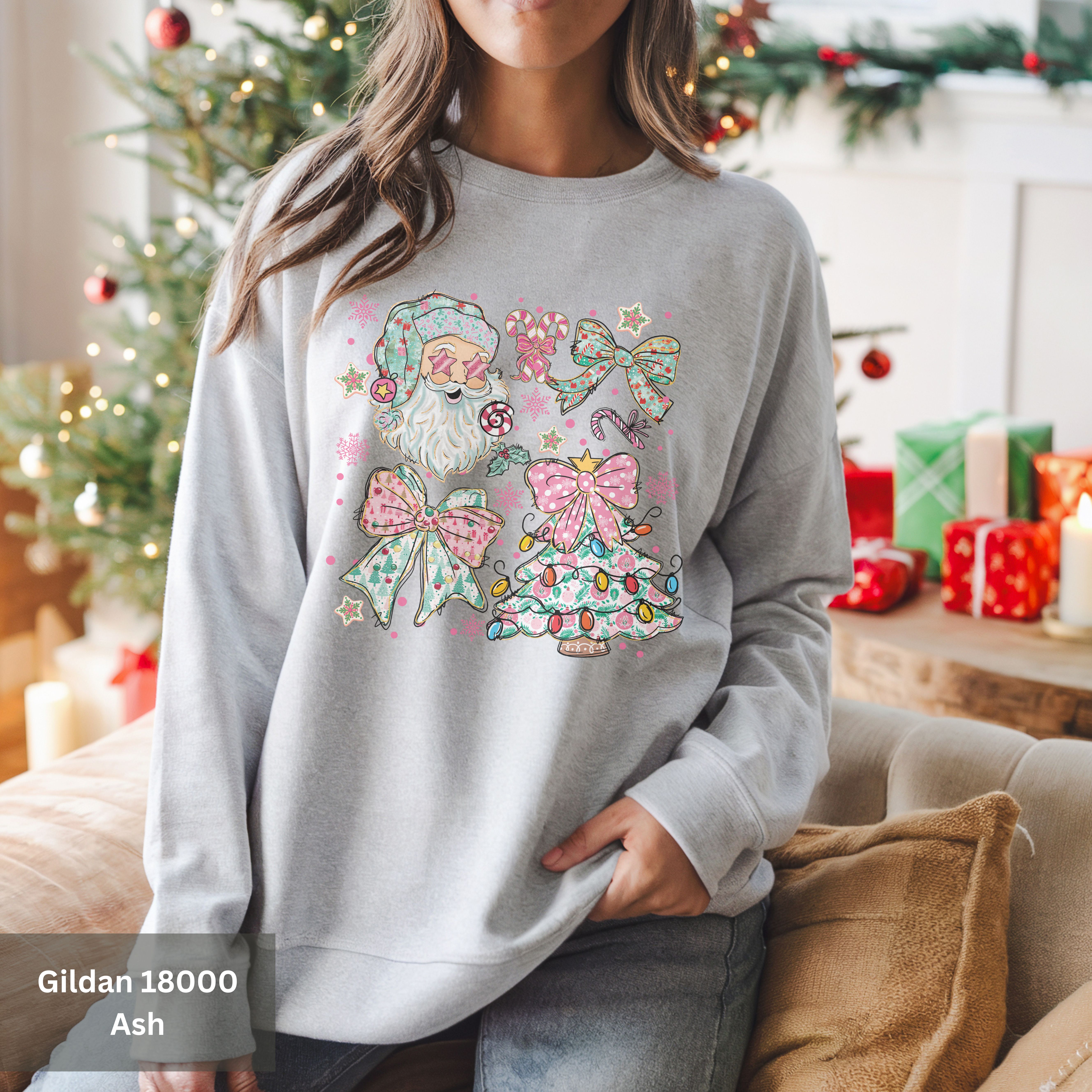 Trendy Christmas Sweatshirt, Christmas Tree, Bow and Santa Design, Cozy Holiday Design Crewneck, Holiday Gift for Her product thumbnail image Trendy Christmas Sweatshirt, Christmas Tree, Bow and Santa Design, Cozy Holiday Design Crewneck, Holiday Gift for Her product thumbnail image