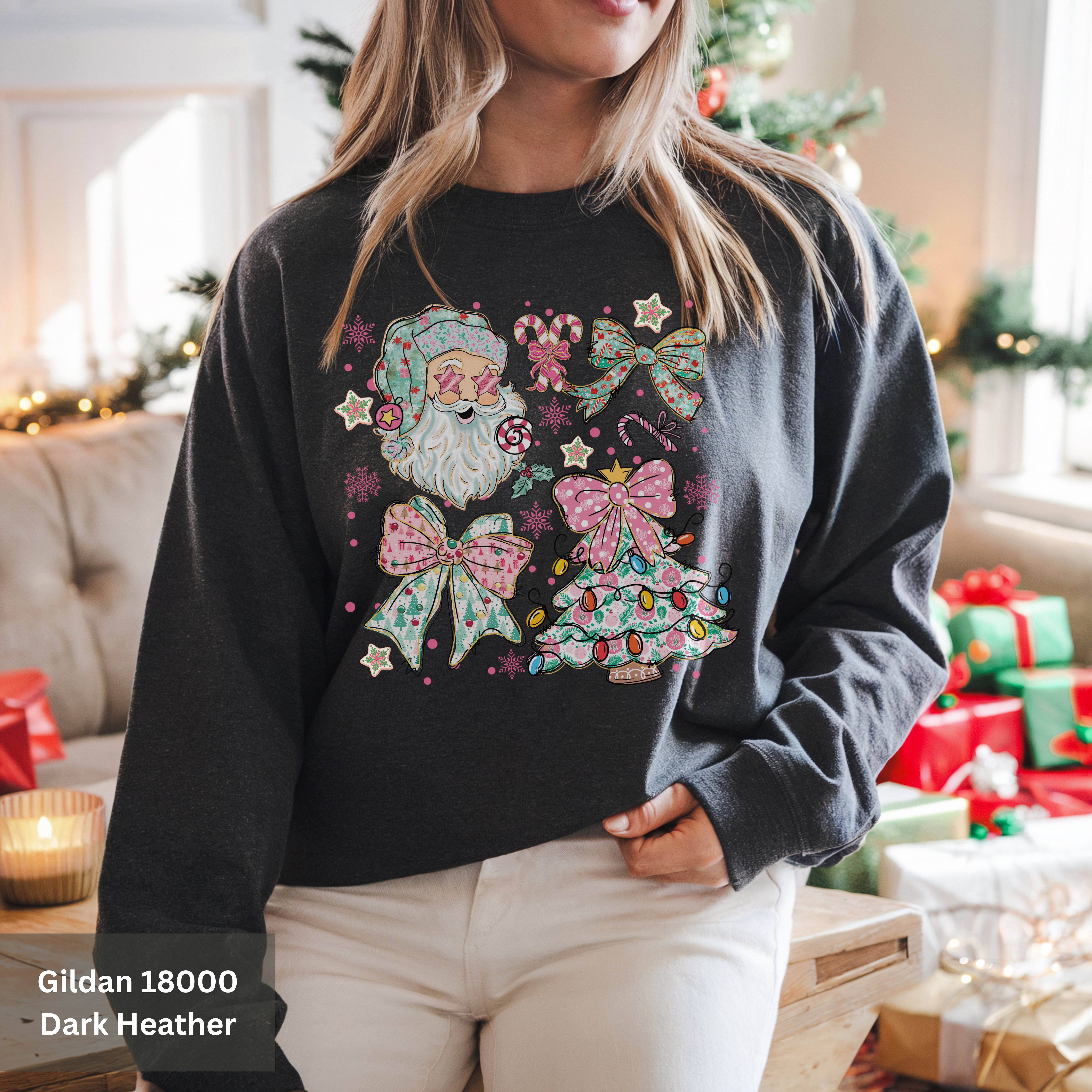 Trendy Christmas Sweatshirt, Christmas Tree, Bow and Santa Design, Cozy Holiday Design Crewneck, Holiday Gift for Her product thumbnail image