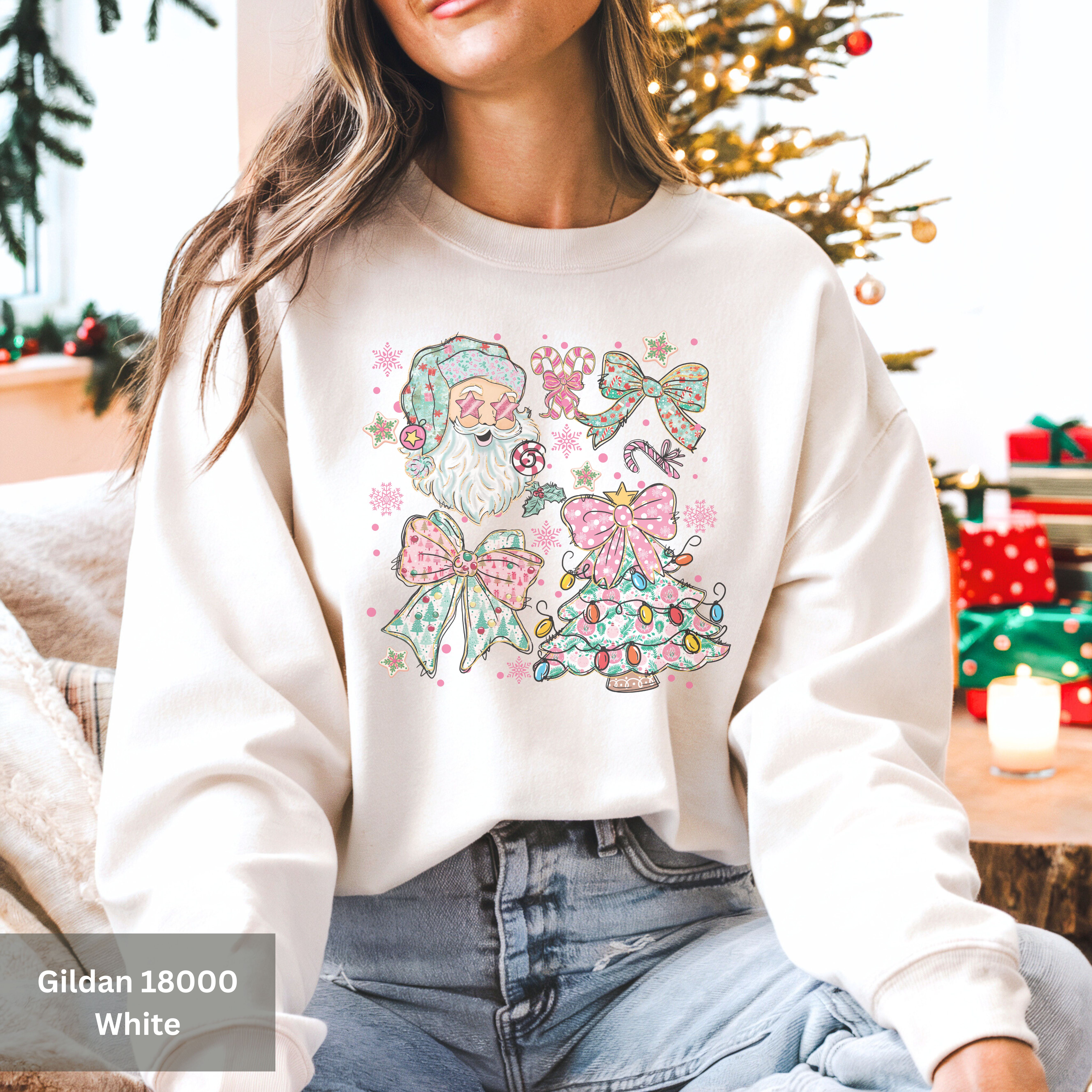 Trendy Christmas Sweatshirt, Christmas Tree, Bow and Santa Design, Cozy Holiday Design Crewneck, Holiday Gift for Her product thumbnail image Trendy Christmas Sweatshirt, Christmas Tree, Bow and Santa Design, Cozy Holiday Design Crewneck, Holiday Gift for Her product thumbnail image